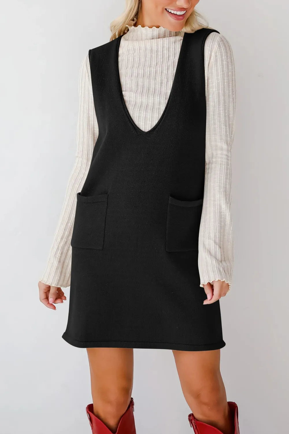 Pocketed V-Neck Sweater Overall Dress