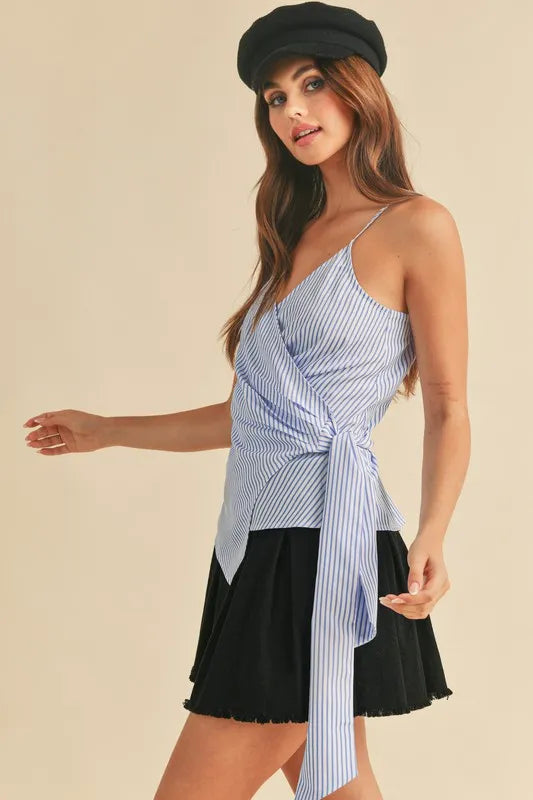 Side Knot Surplice Striped Cami in White and Sky in White/Sky