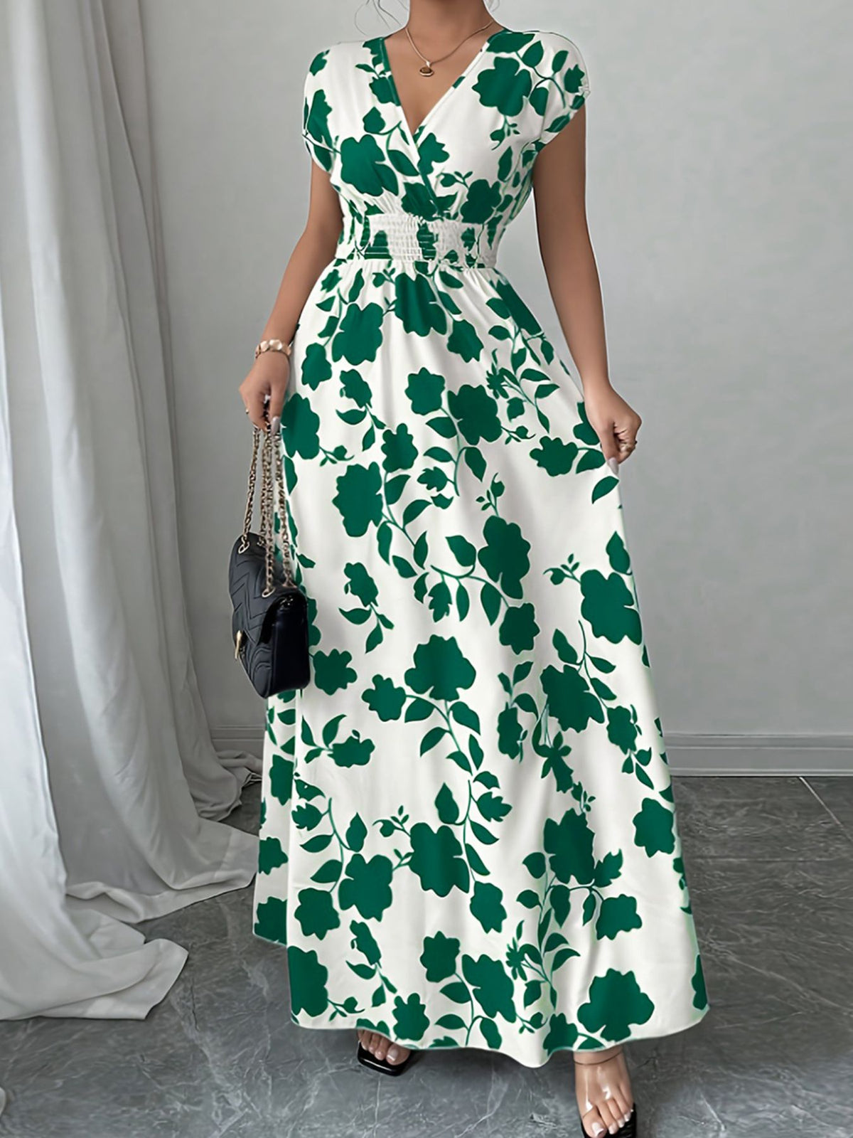 Printed Surplice Cap-Sleeve Maxi Dress