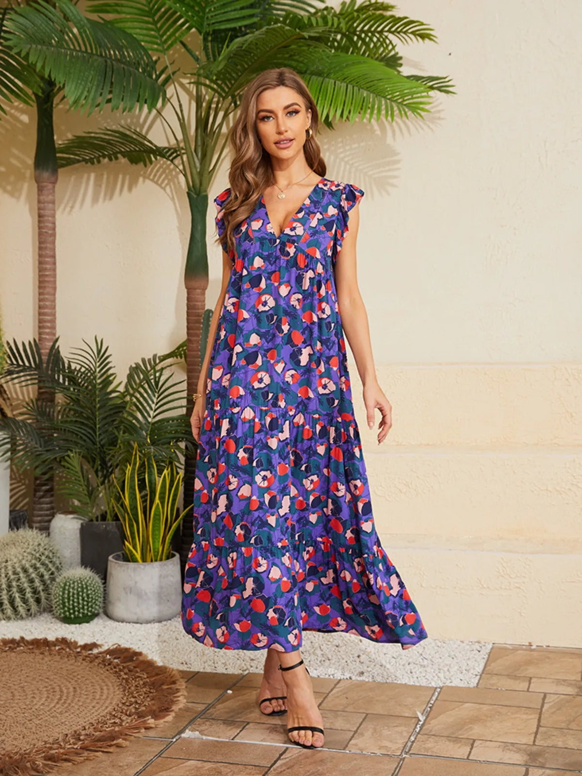 Floral V-Neck Cap Sleeve Summer Dress by Elaine