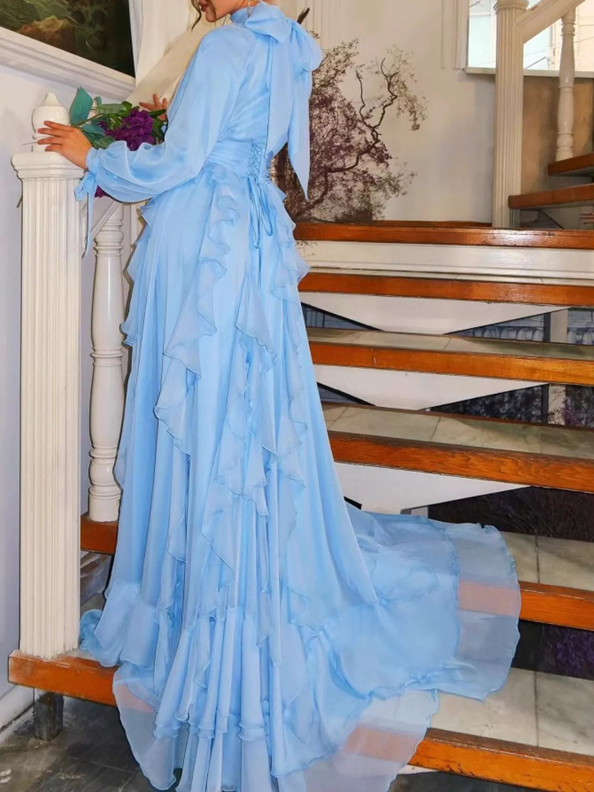 Ruffled Turtleneck Maxi Dress in Light Blue