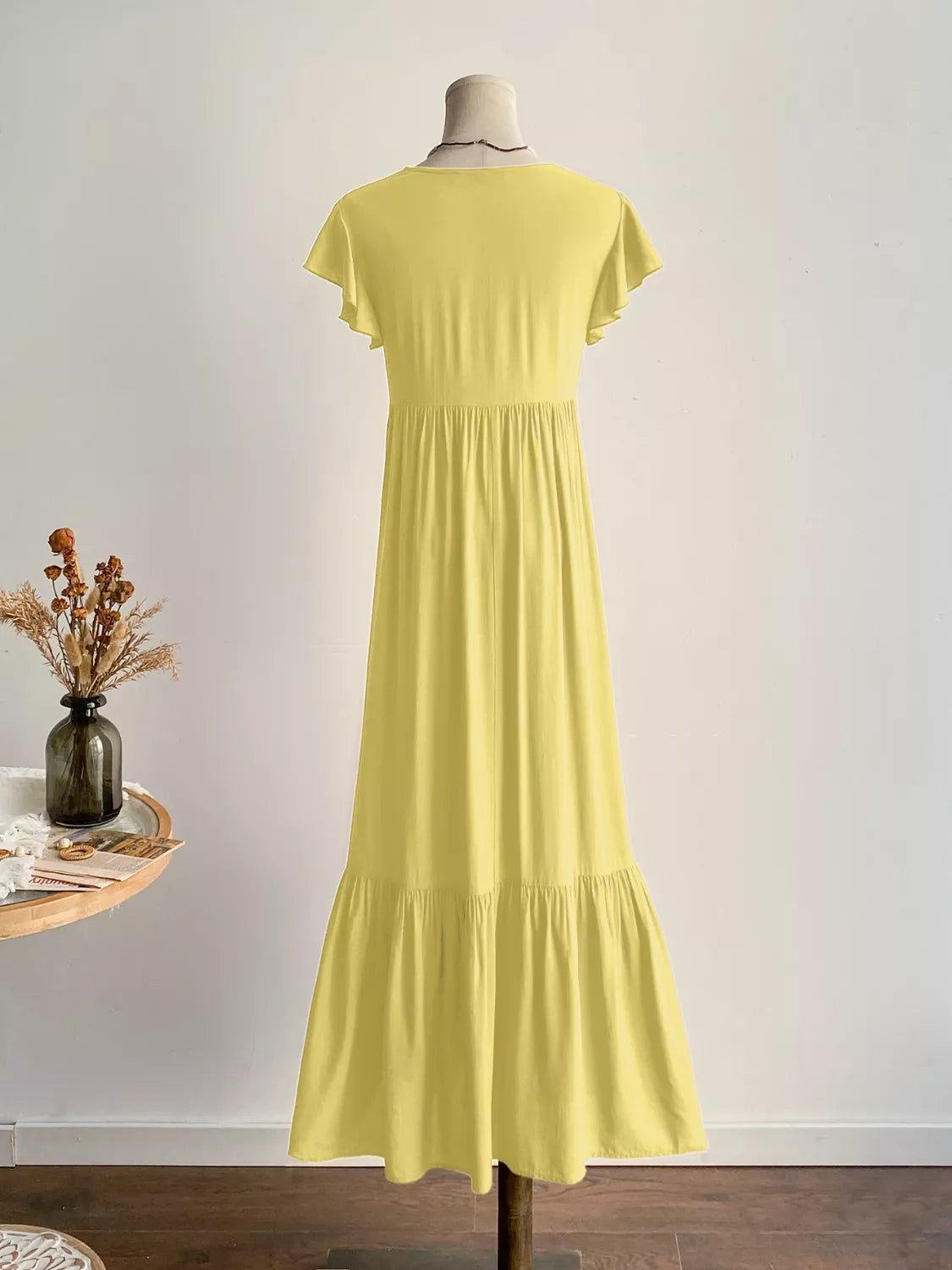 Flutter Sleeve Button-Front Maxi Dress in Yellow
