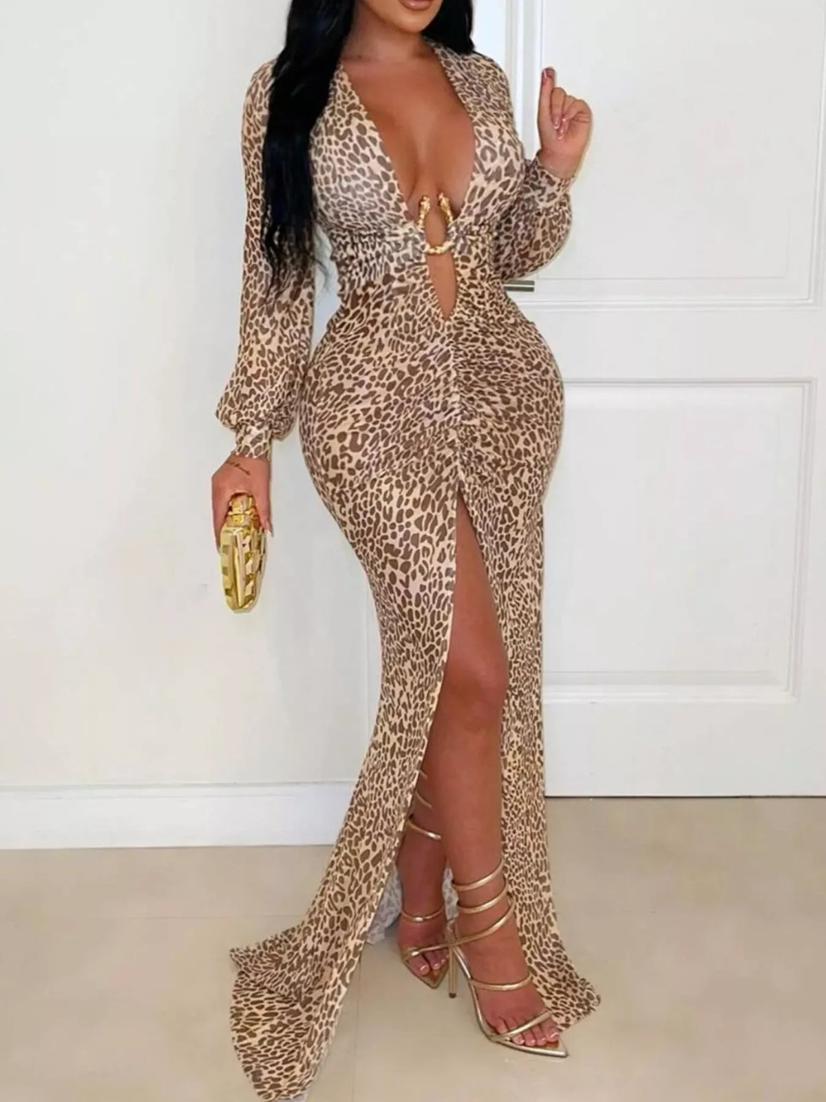 Leopard Print Sequin Long Sleeve Maxi Dress