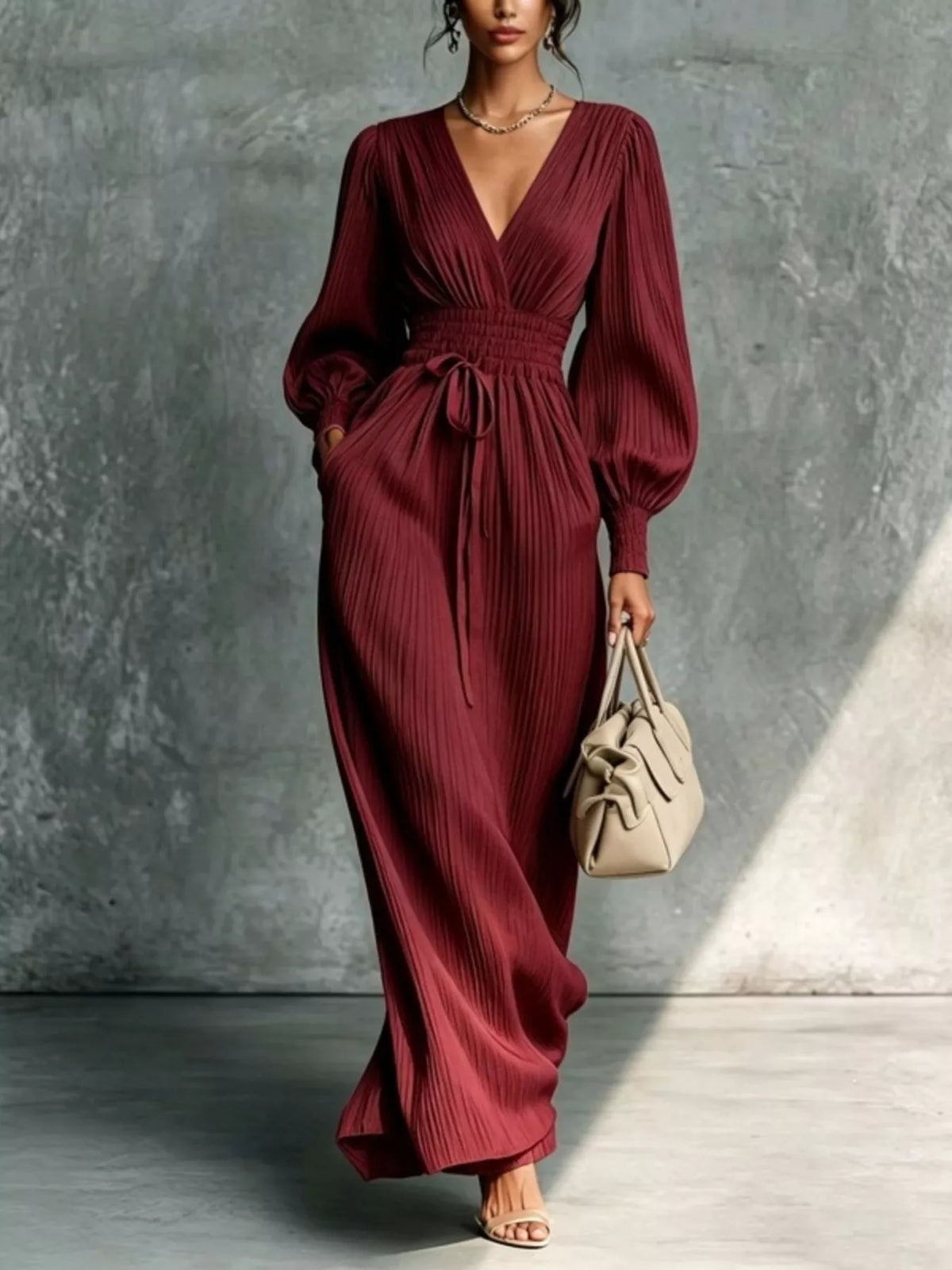 Pleated V-Neck Maxi Dress with Lantern Sleeves