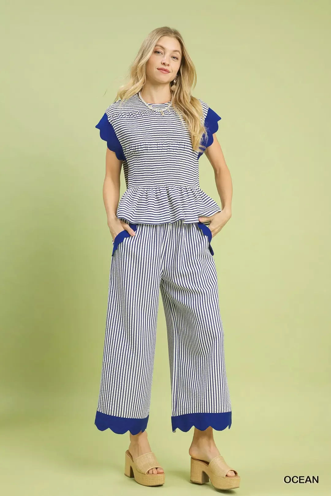Umgee Stripe Ruffle Sleeve Peplum Top in Ocean