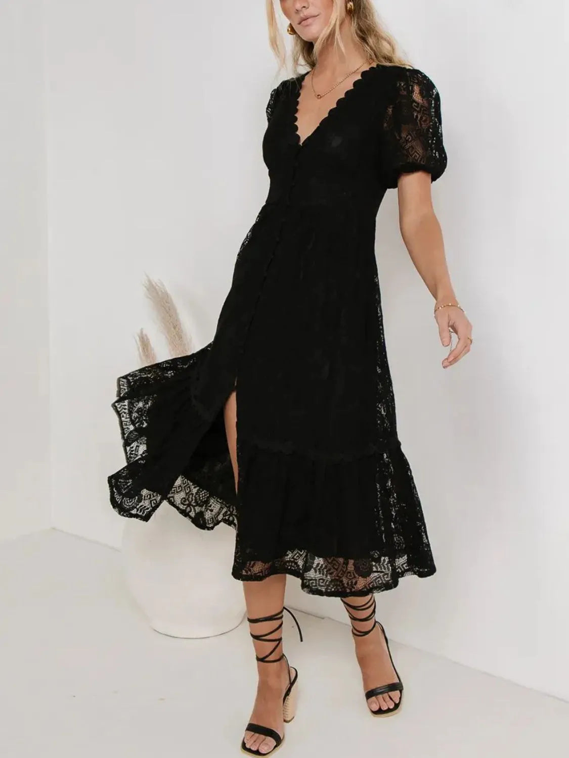 Lace V-Neck Short Sleeve Dress in Dusty Pink
