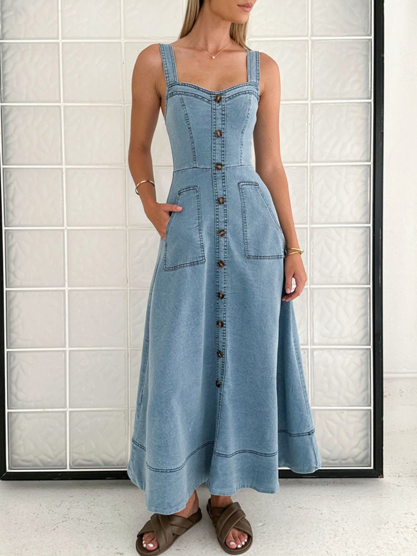 Decorative Button Front A-Line Denim Dress in Light Blue