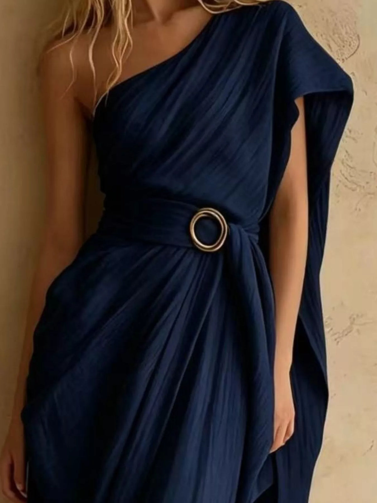 One-Shoulder Draped Maxi Dress with Waist Buckle