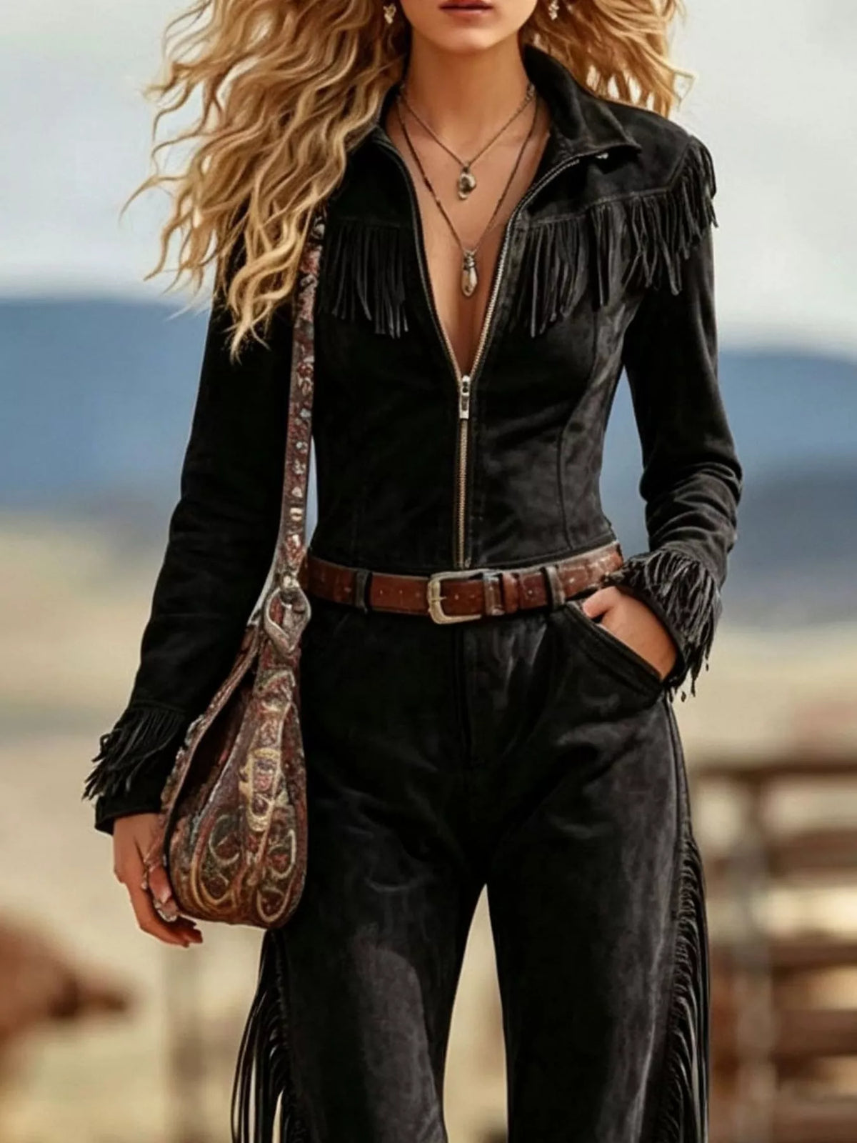 Western Fringe Jumpsuit with Zipper Front
