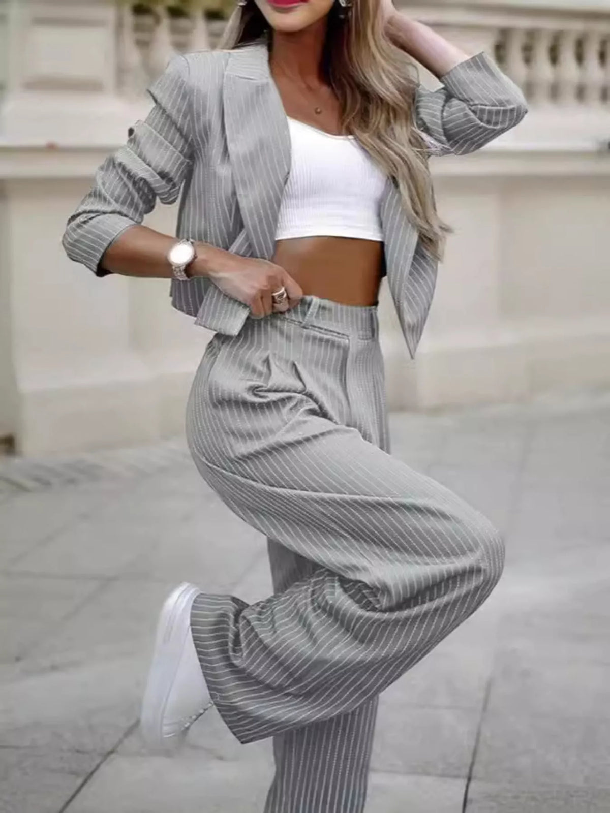 Cropped Striped Blazer and Wide-Leg Pants Set