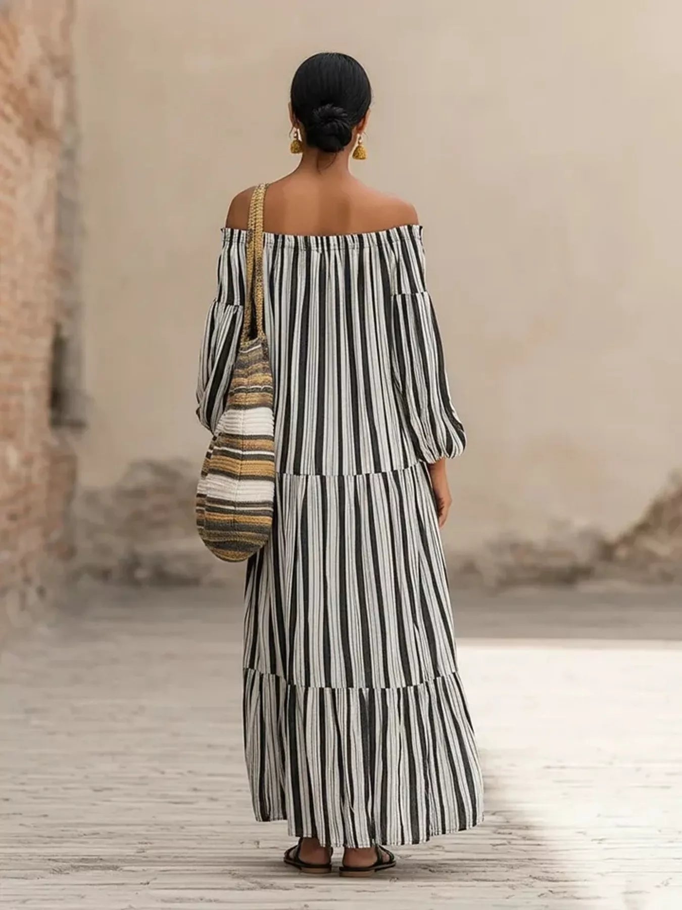 Striped Off-Shoulder Maxi Dress