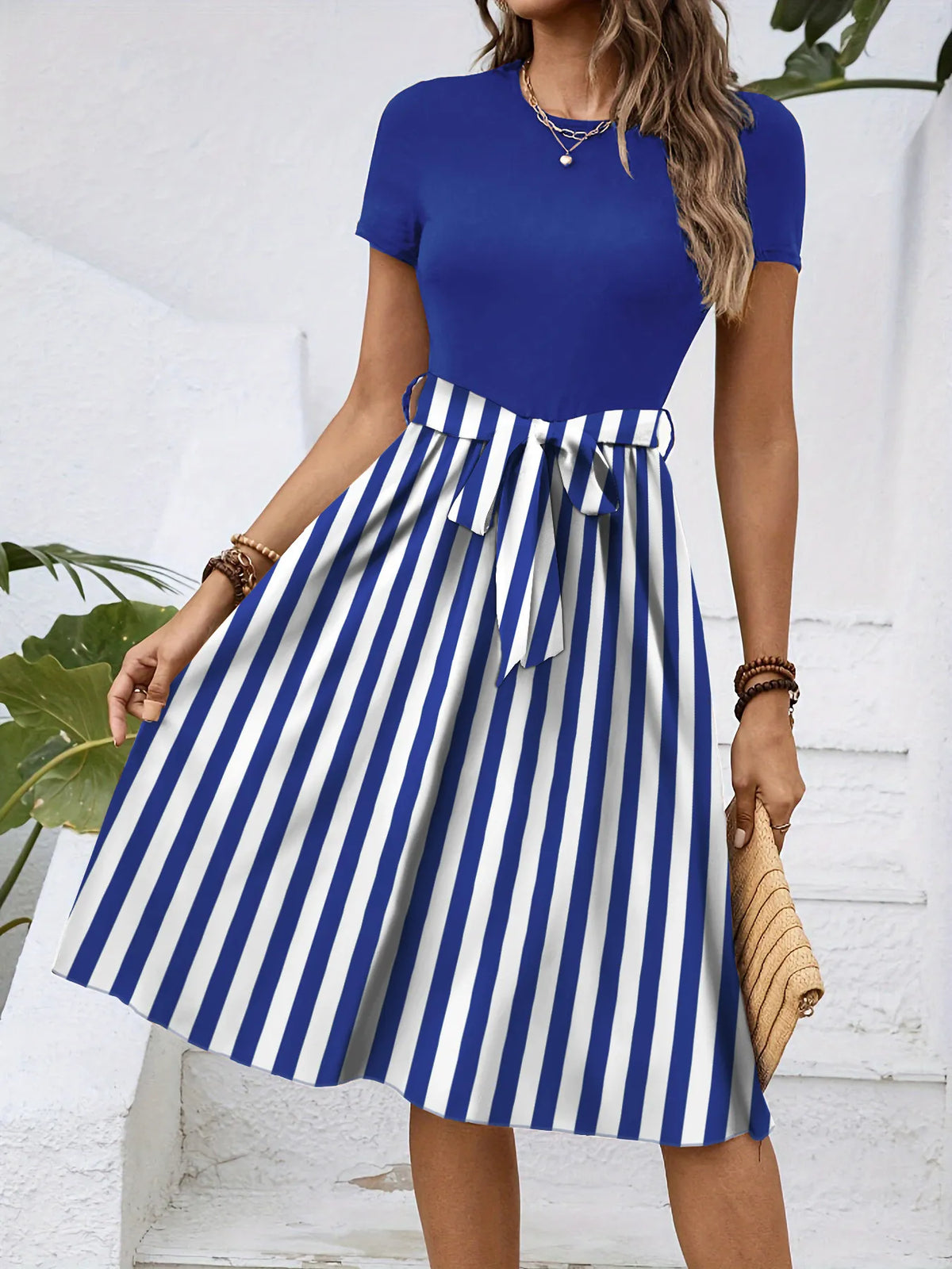 Striped Round-Neck Tie-Detail Dress by Classic Comfort