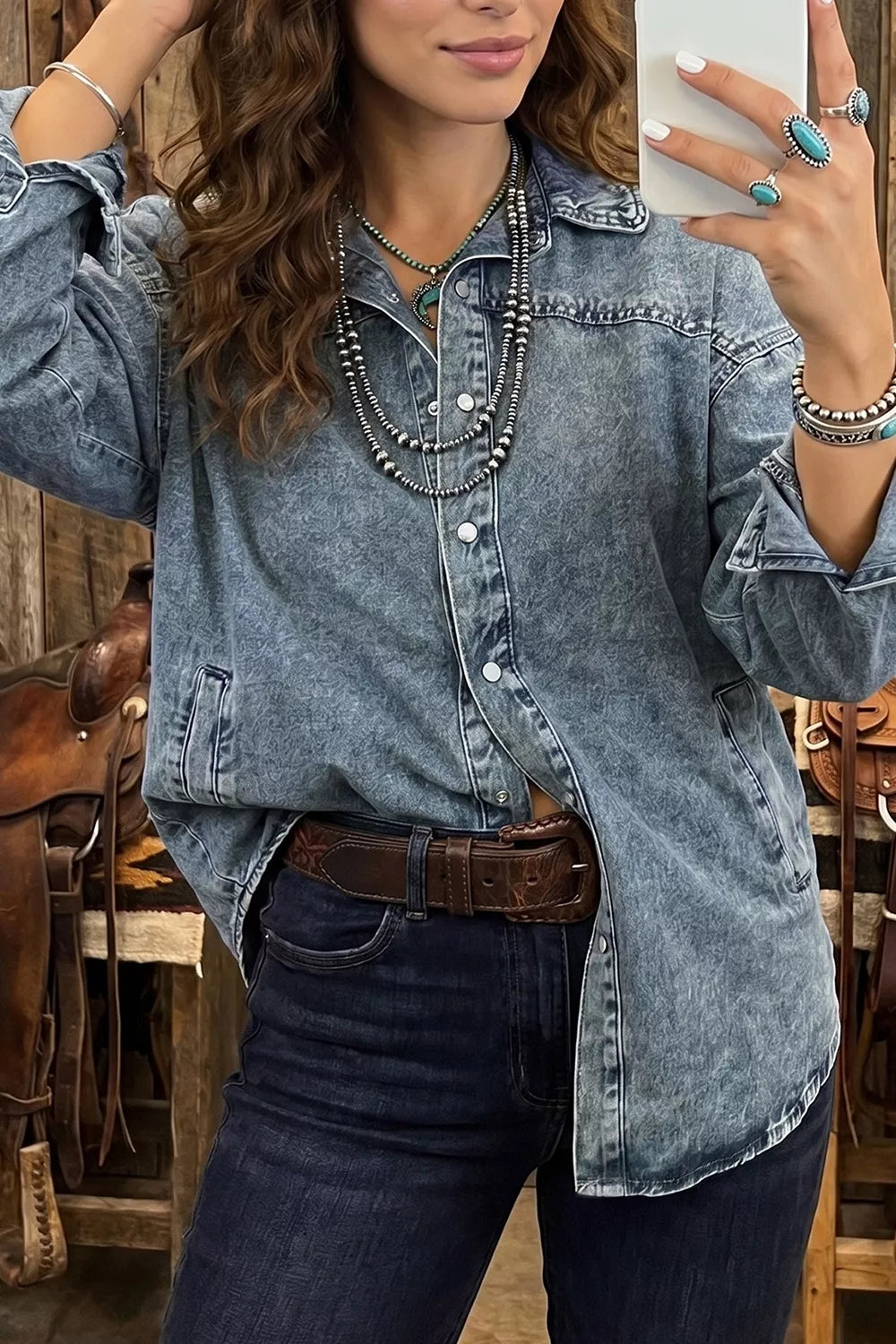 Western Shirt Collar Tunic Denim Jacket in Medium Wash