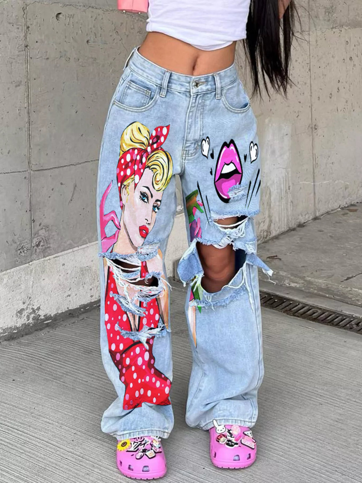 Art Print Distressed Wide Leg Jeans