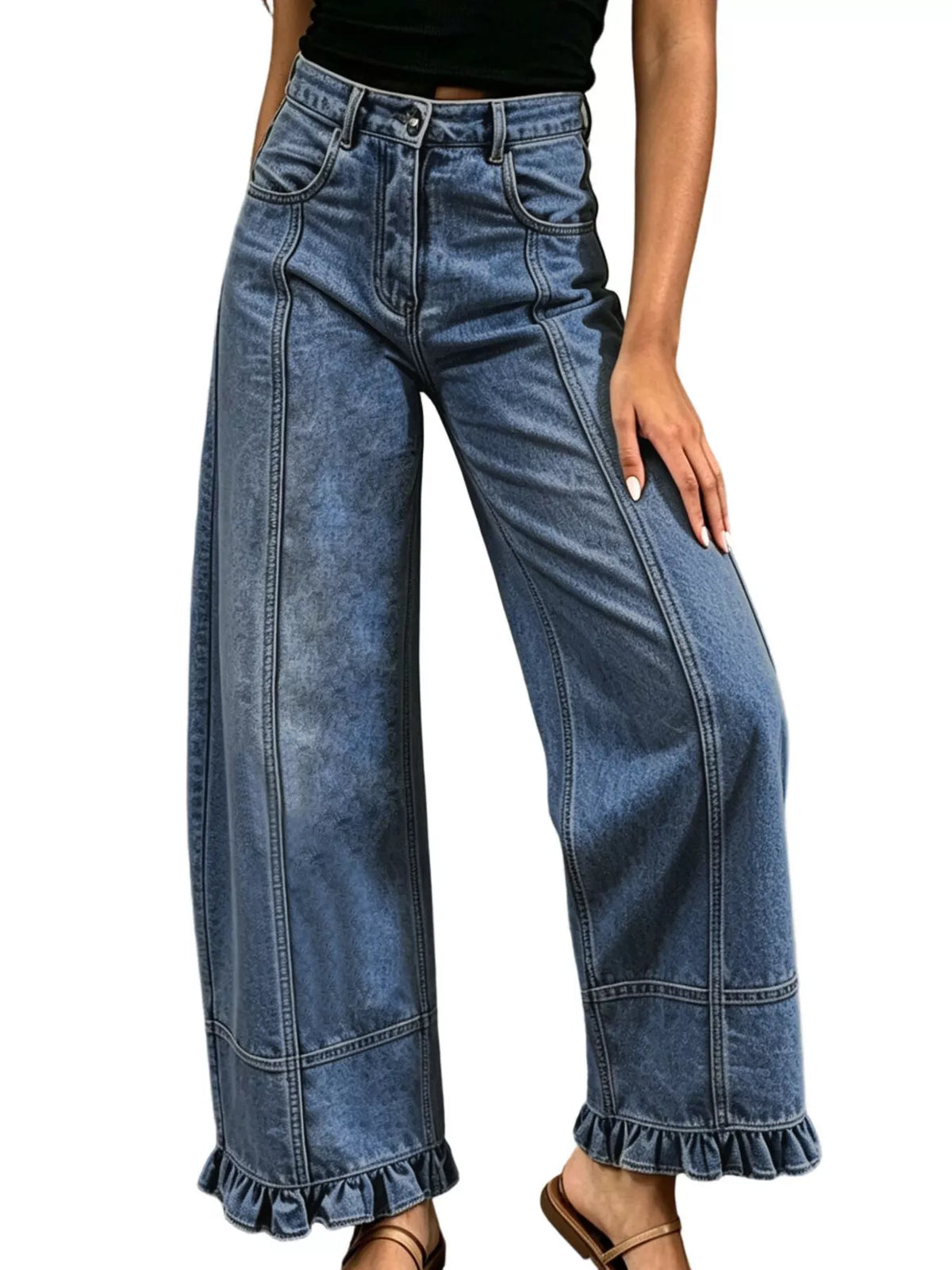 High-Waisted Wide-Leg Ruffled Hem Jeans by Dreamy Drapes
