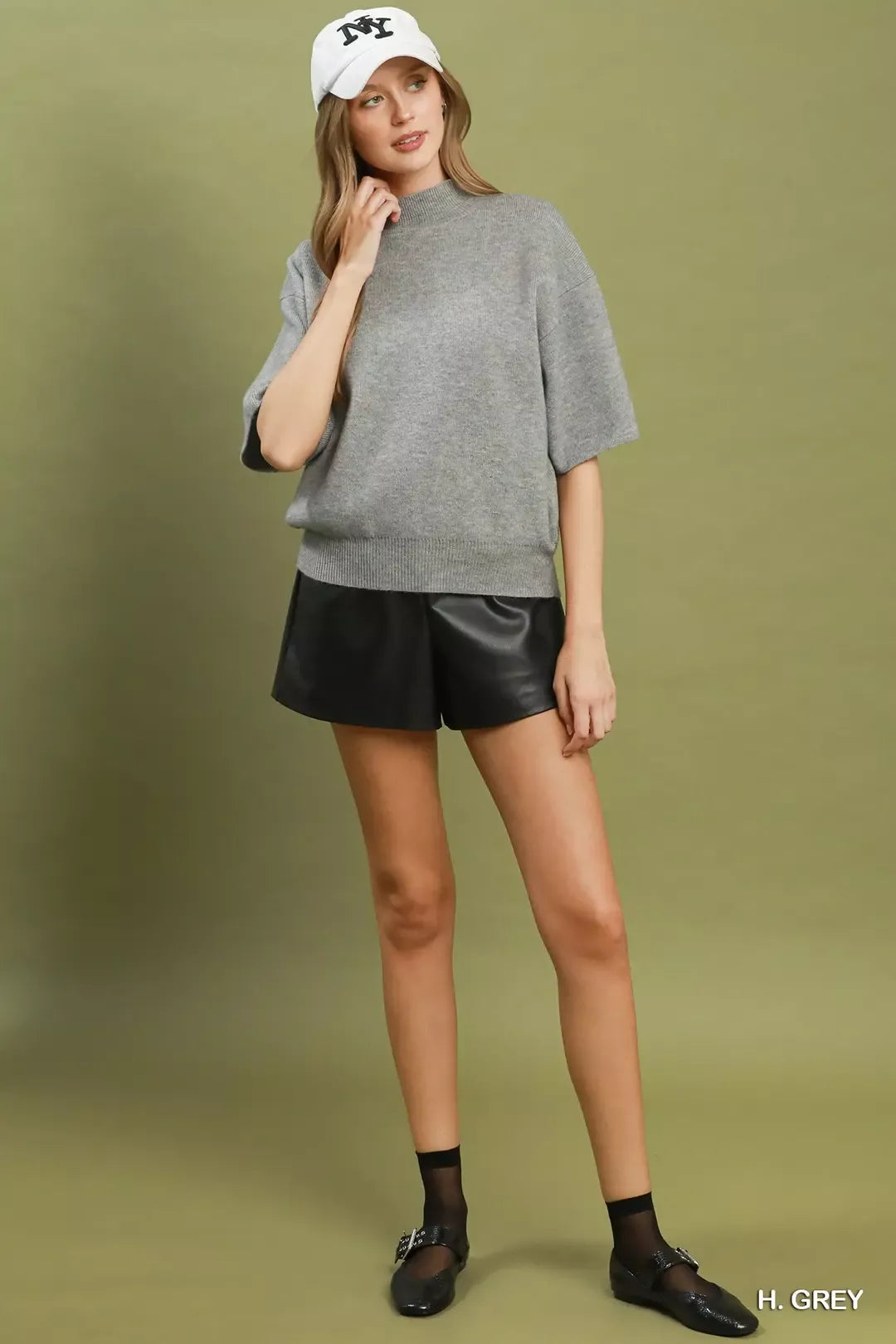 Umgee Heather Grey Mock Neck Sweater Top in H. grey