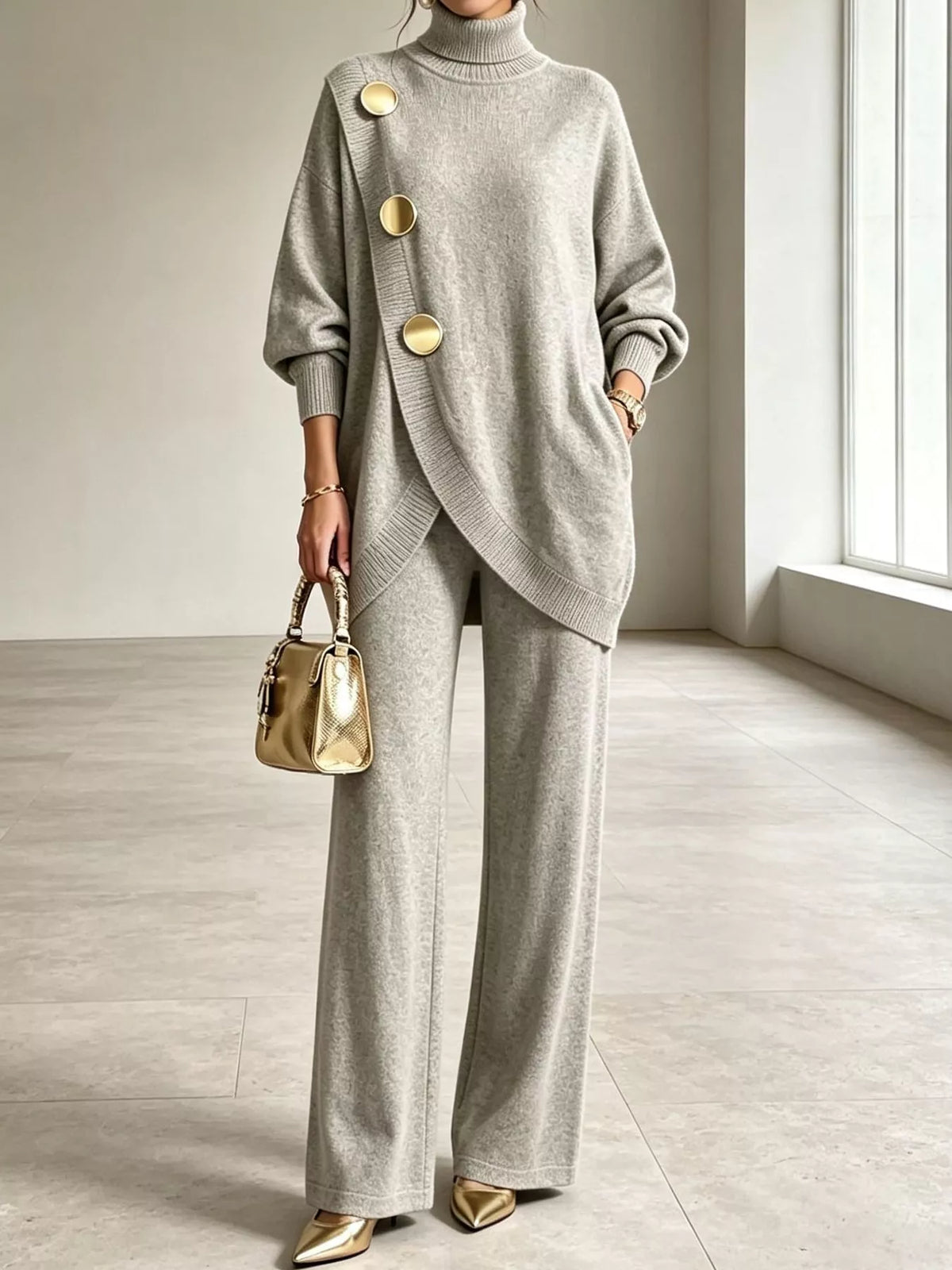Ribbed Turtleneck Top and Pants Sweater Set