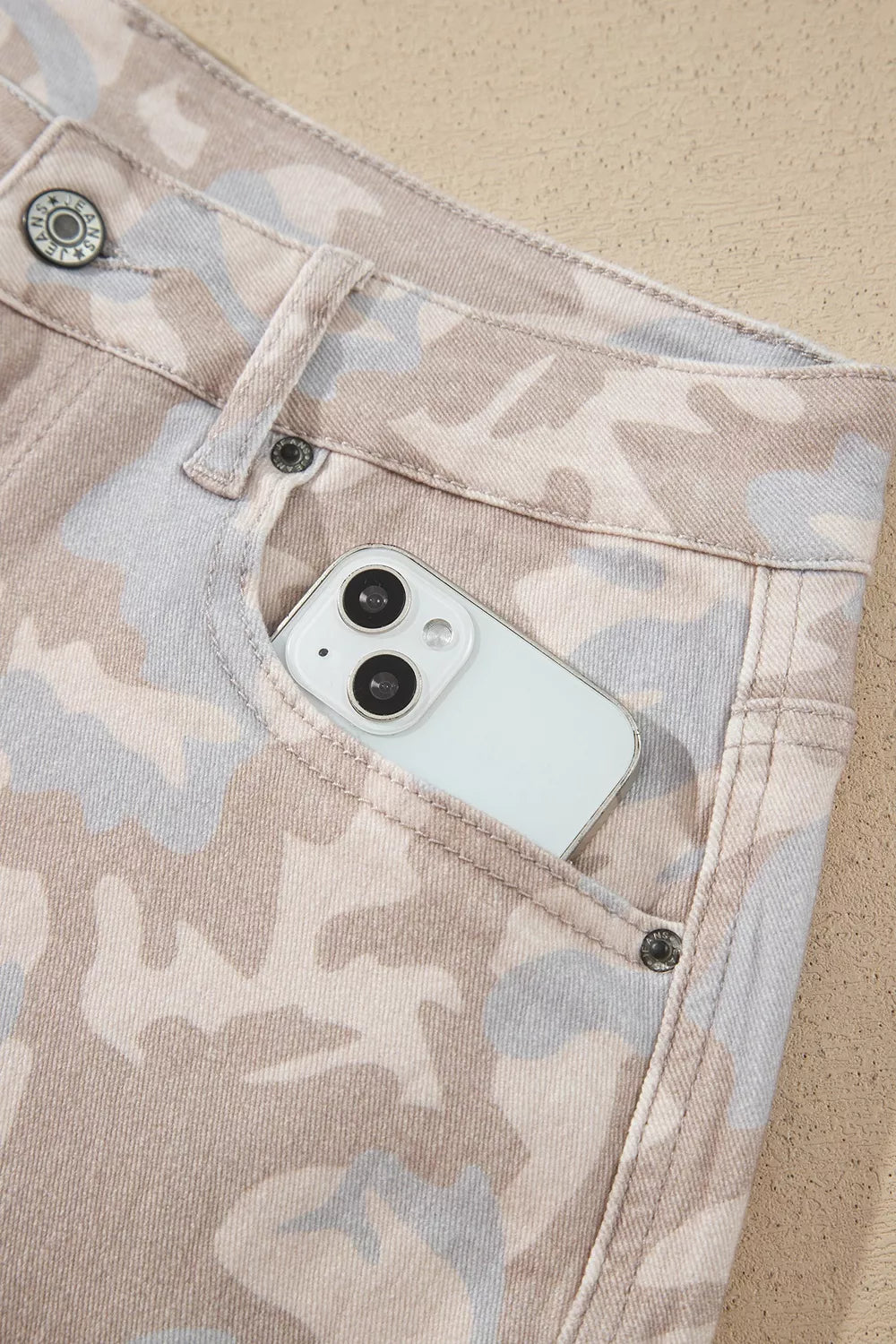Camouflage Print Ankle Barrel Jeans in Dust Storm