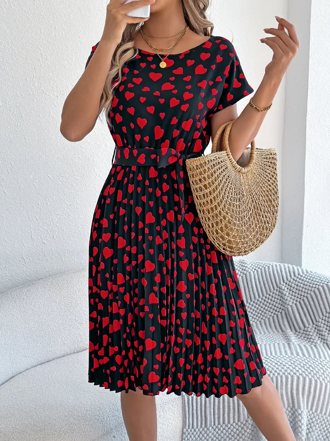 Heart Print Tie Waist Dress