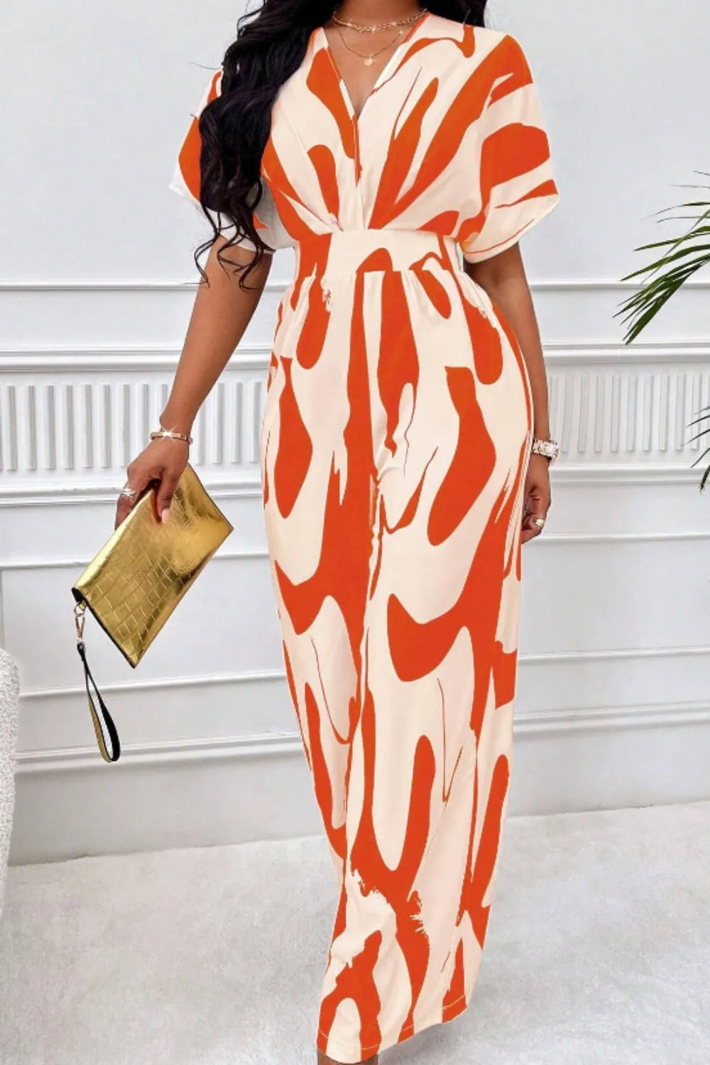 Printed V-Neck Wide Leg Jumpsuit