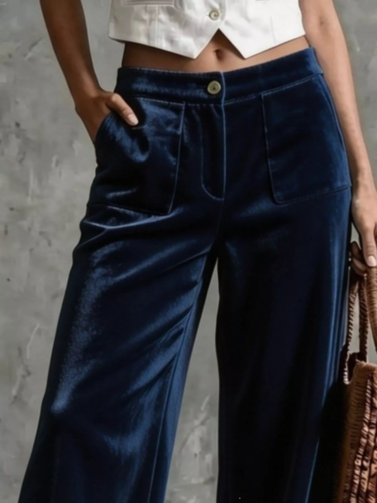 High-Waisted Wide-Leg Velvet Pants with Front Pockets
