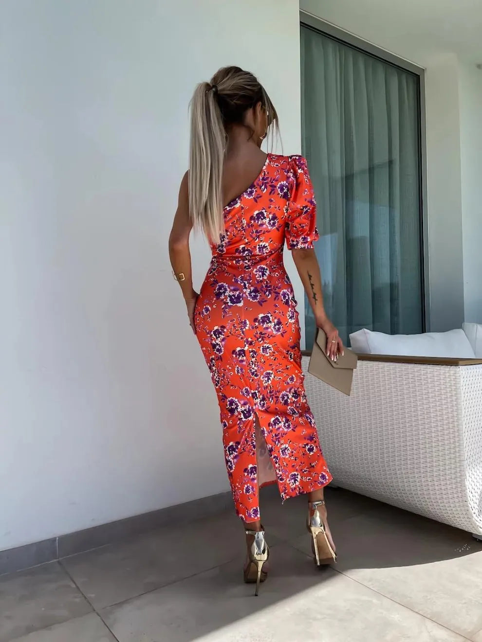 Slit Printed Single Shoulder Midi Dress