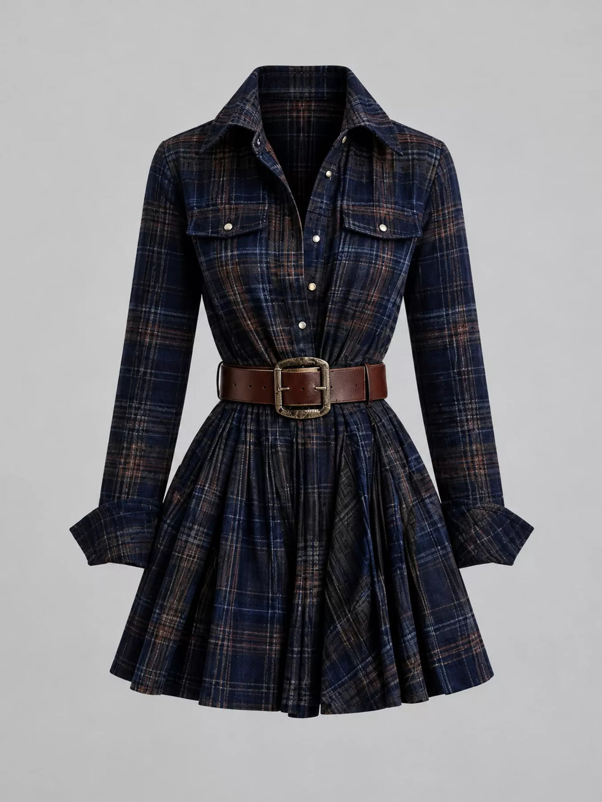 Plaid Long-Sleeve Shirt Dress with Belt
