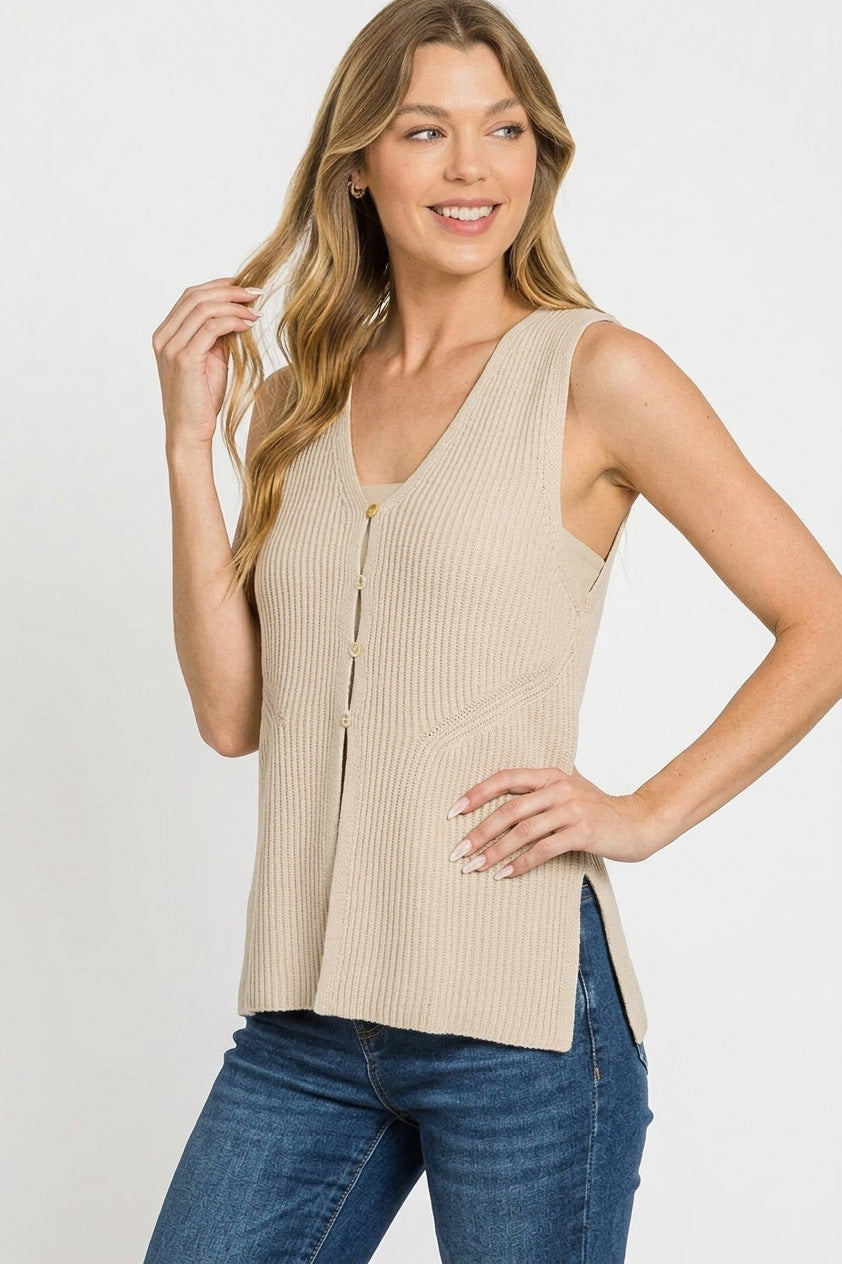 Zenana Four-Button Ribbed Sweater Vest in Sand Beige