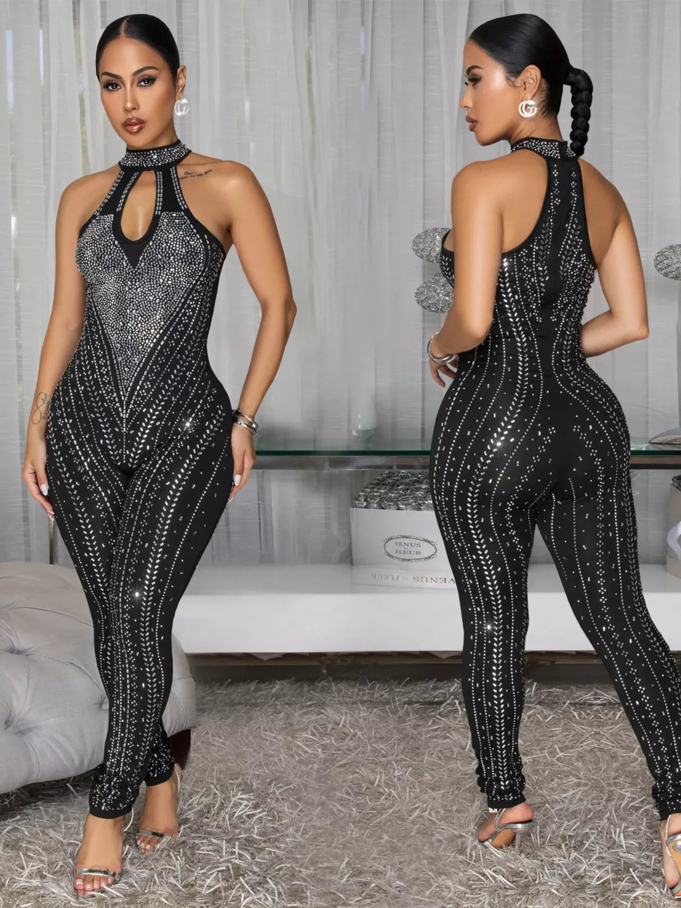 Sparkling Rhinestone Cutout Jumpsuit in Black