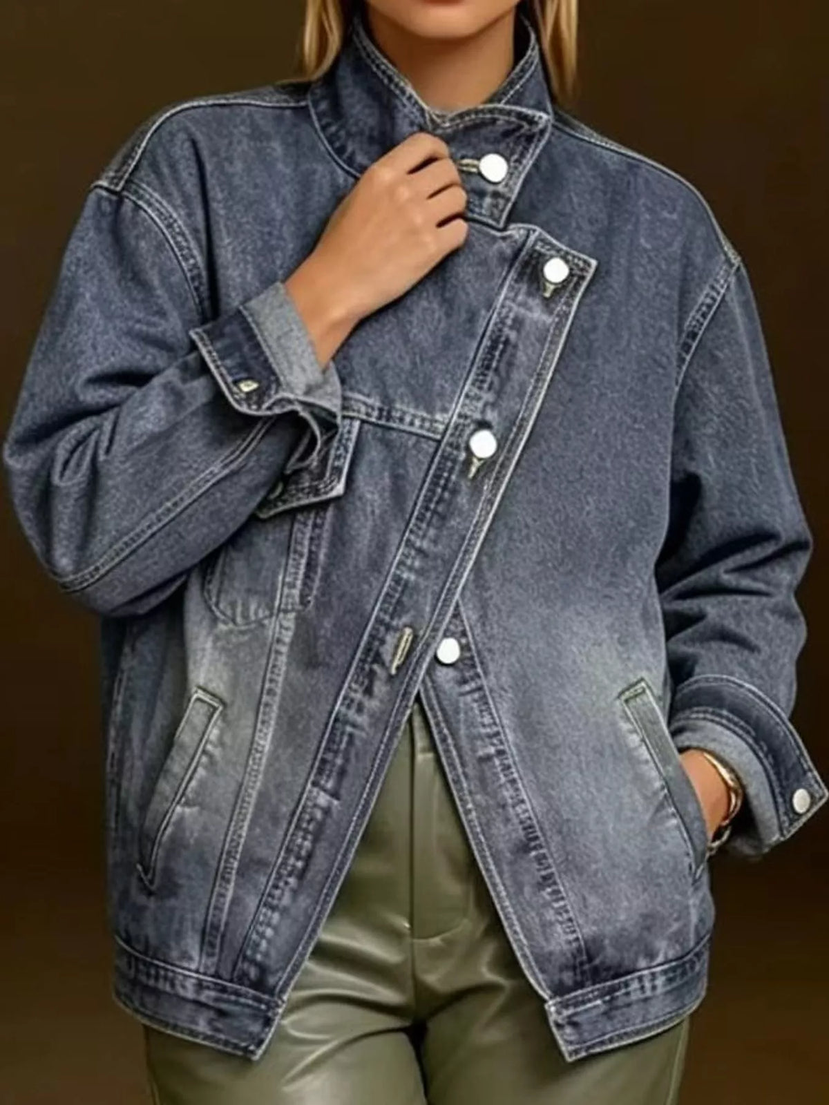 Asymmetric Stand Collar Denim Jacket