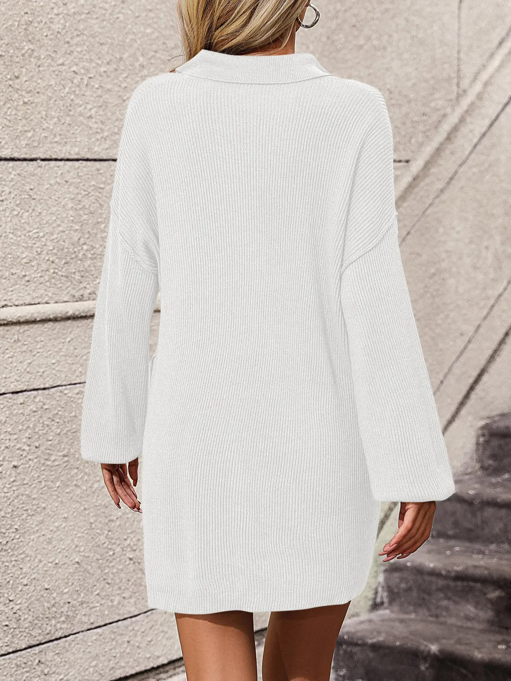 Collared Button-Front Sweater Dress with Pockets