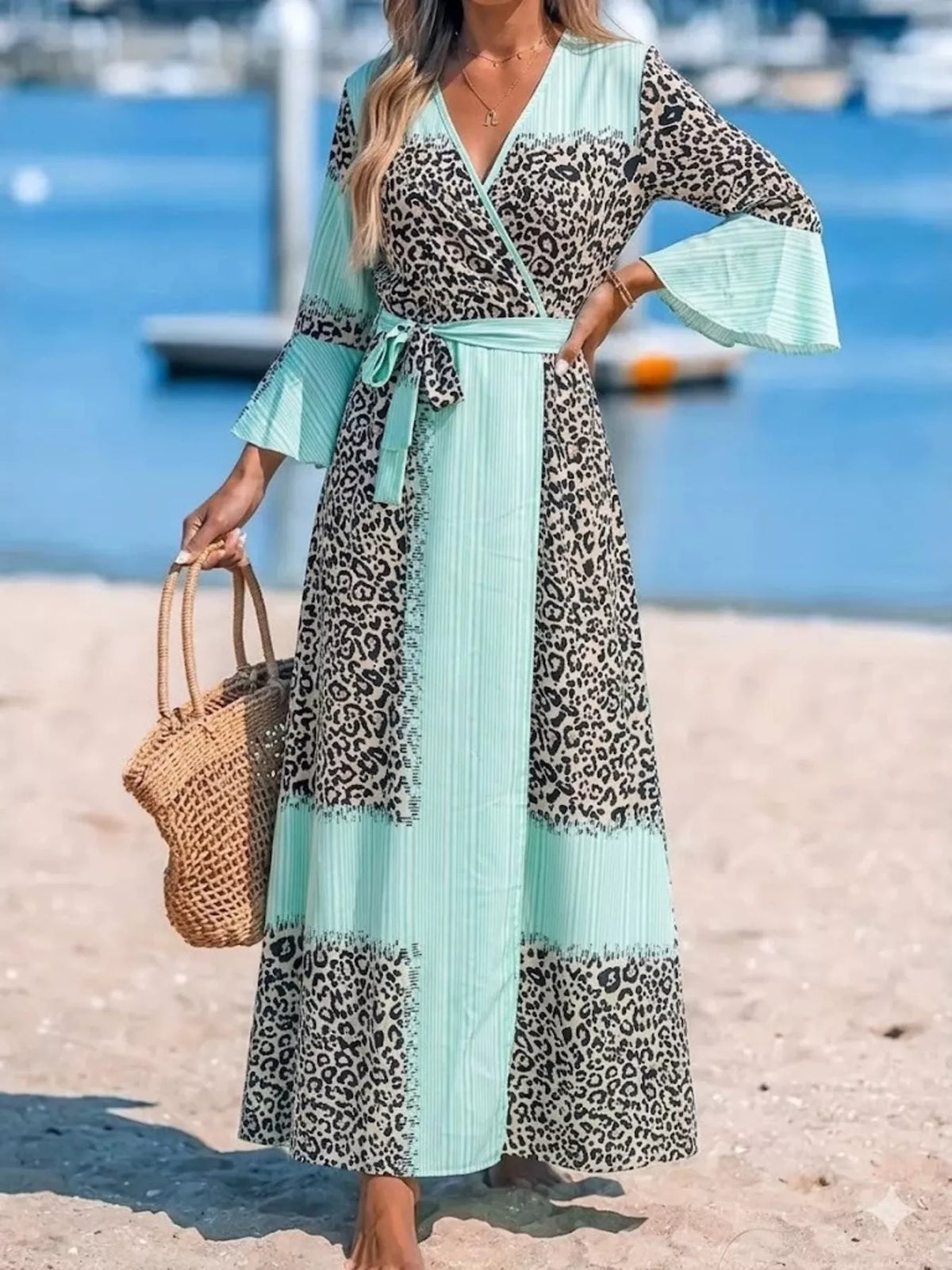 Leopard Print Patchwork Tie Maxi Dress