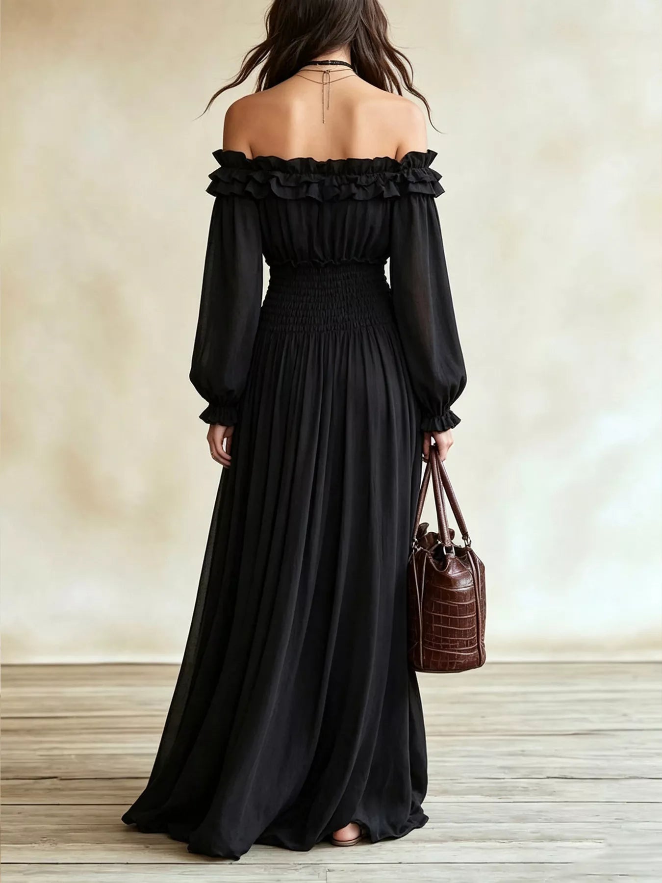 Off-Shoulder Smocked-Waist Maxi Dress