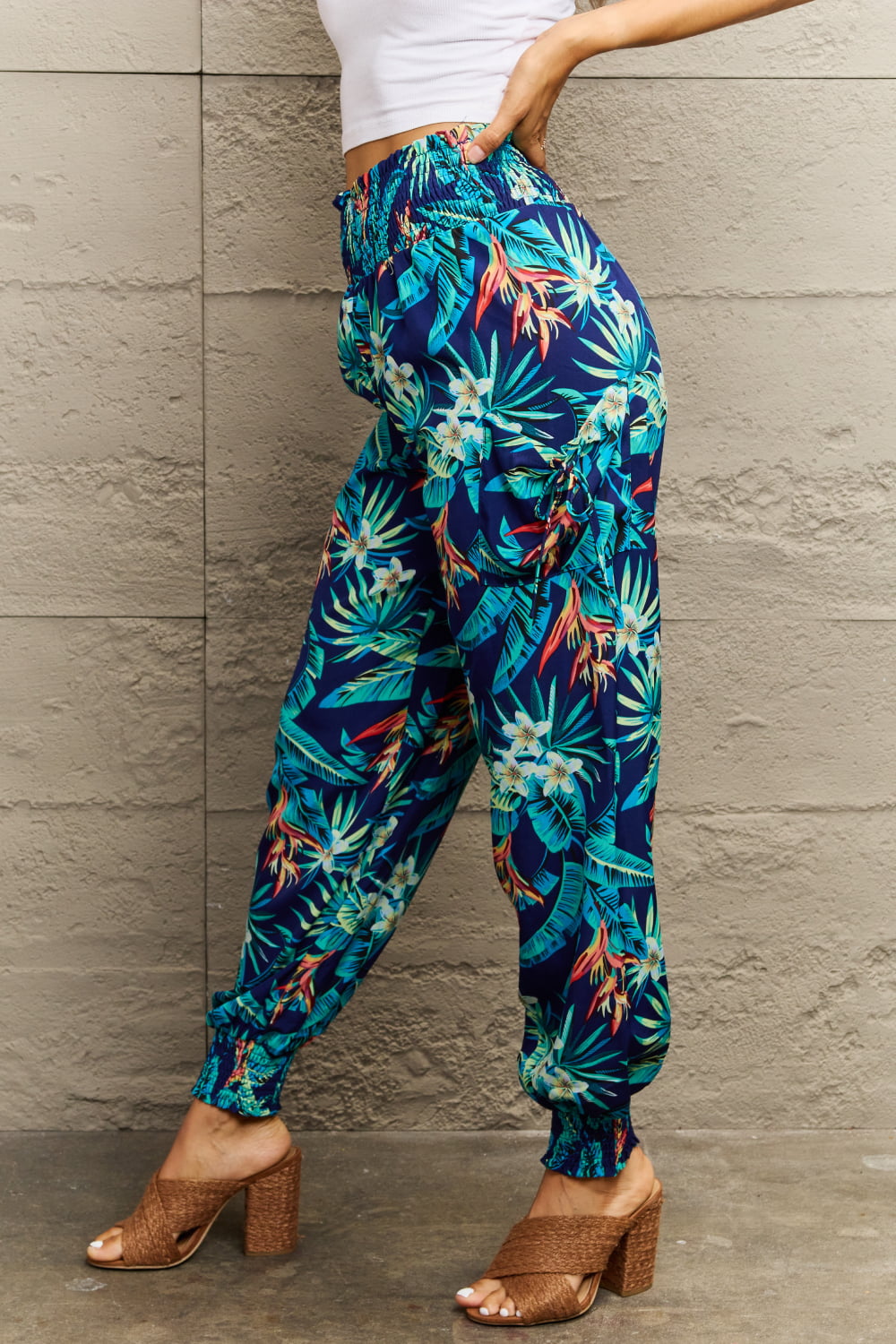 Smocked Plant Print Long Pants in Multicolor