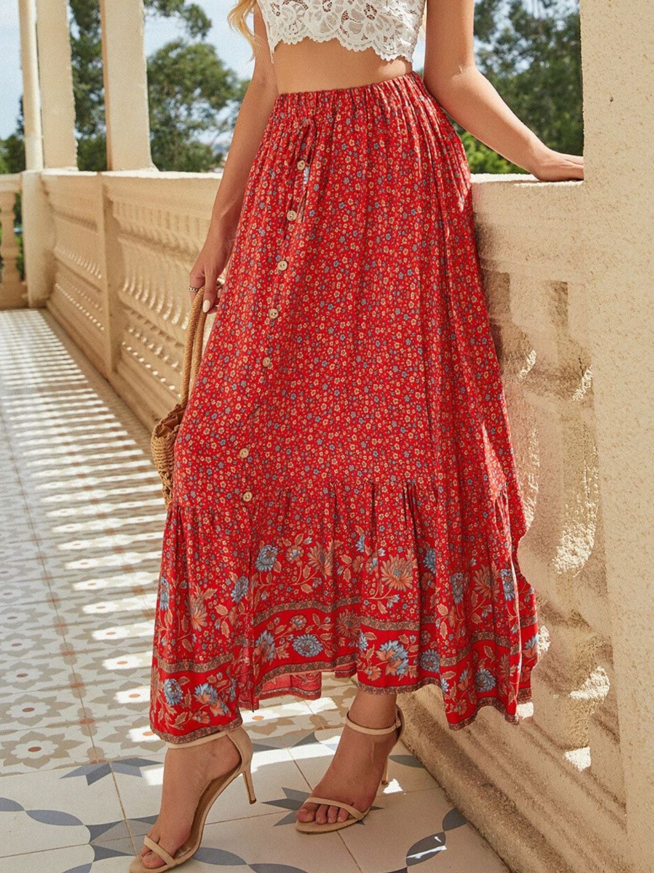Floral Buttoned Slit Skirt