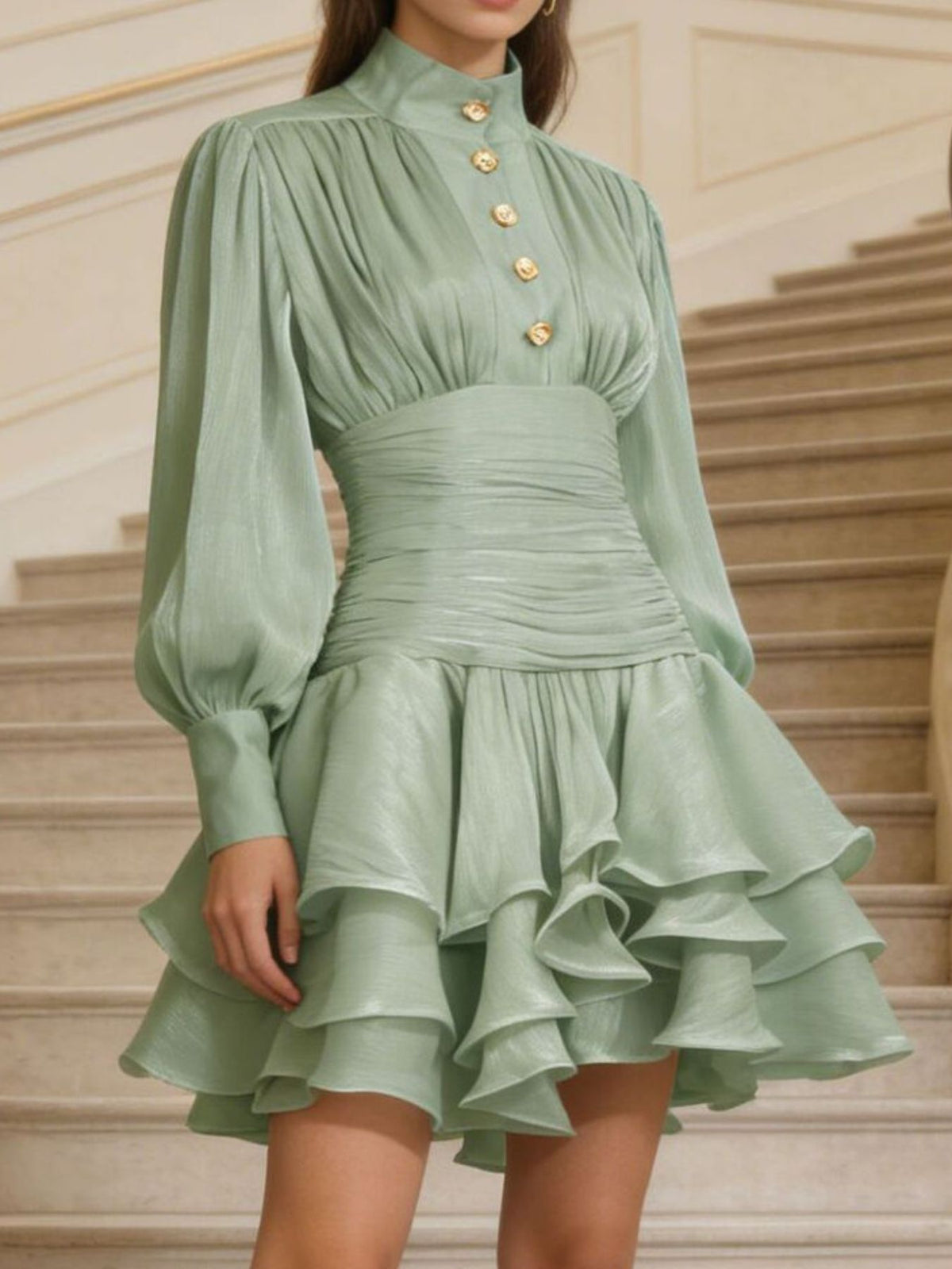 Ruffled Tiered Lantern Sleeve Mini Dress