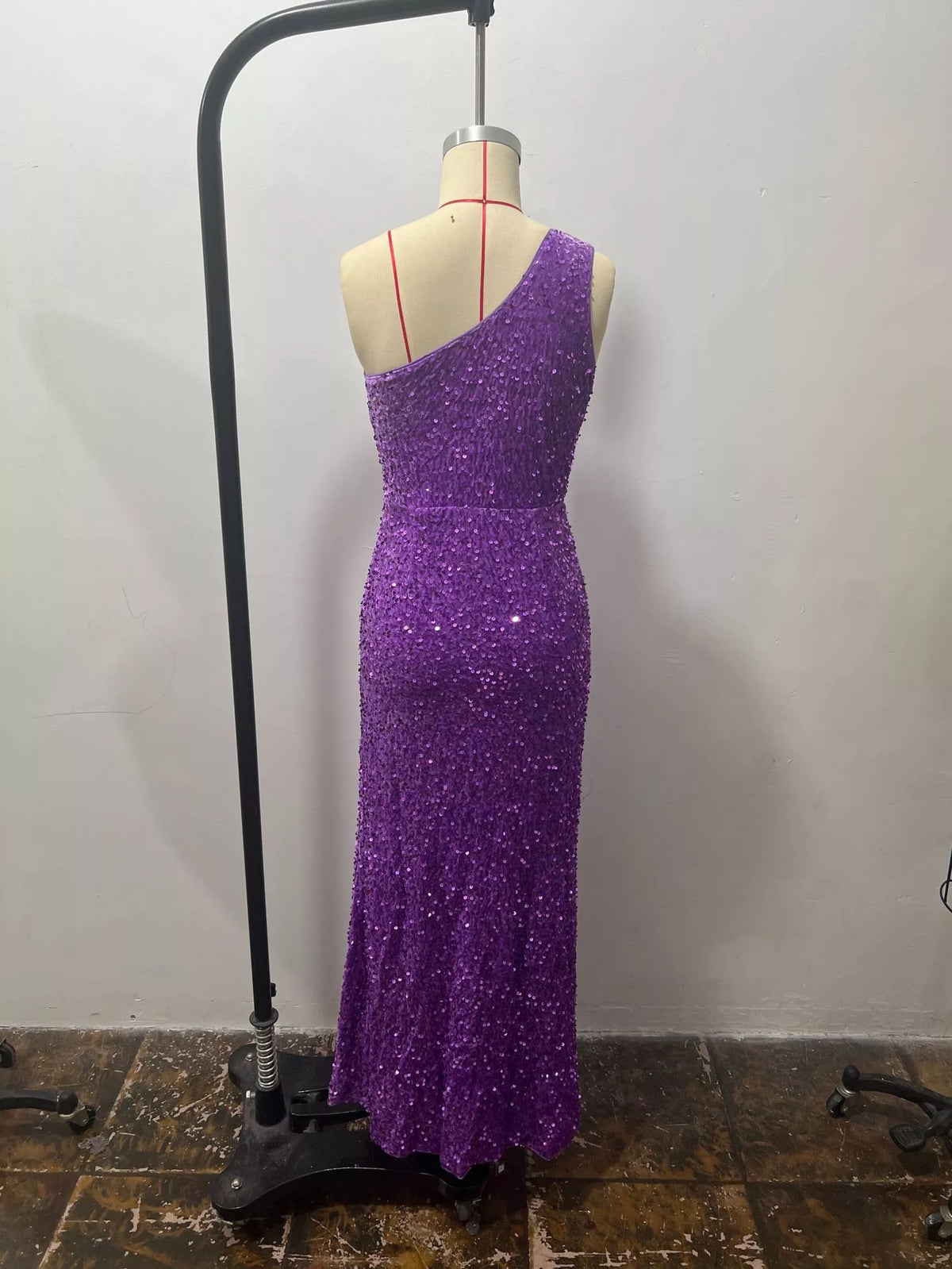 One-Shoulder Sequin High-Slit Evening Dress