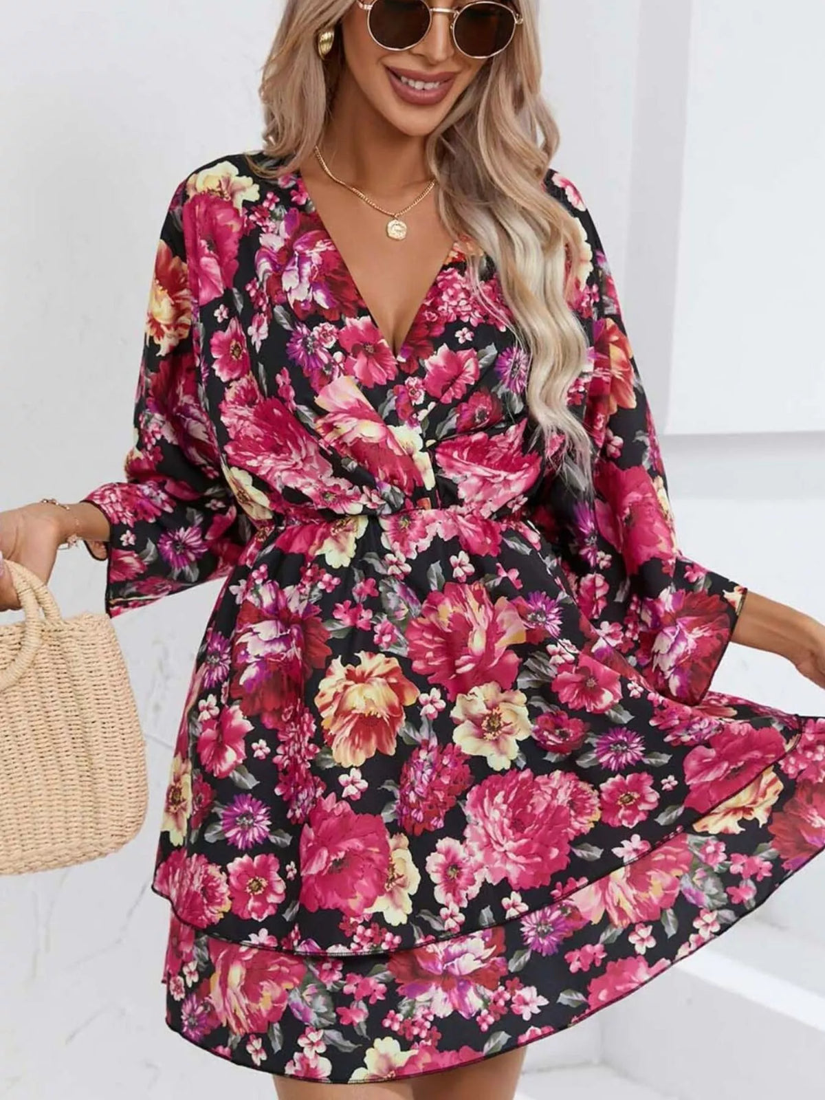 Floral Ruffle-Hem Tiered Mini Dress
