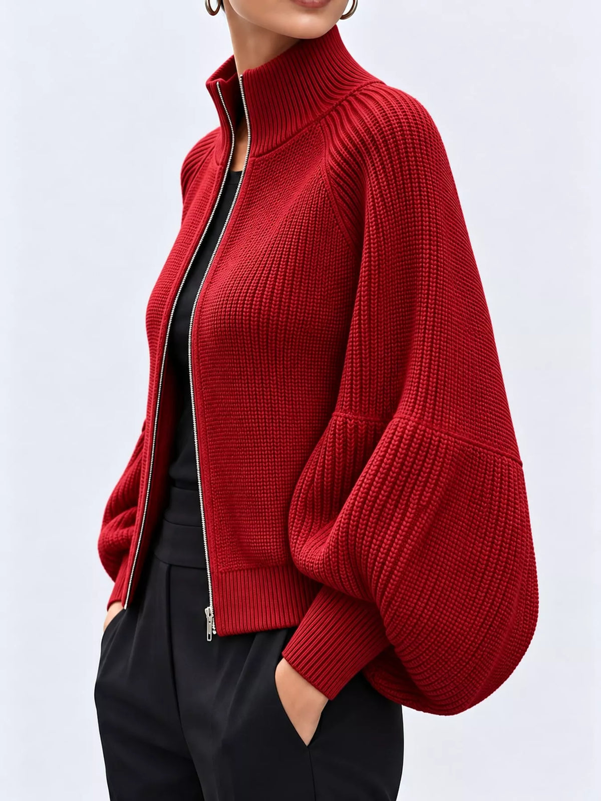 Ribbed Knit Zip-Up Cardigan with Lantern Sleeves