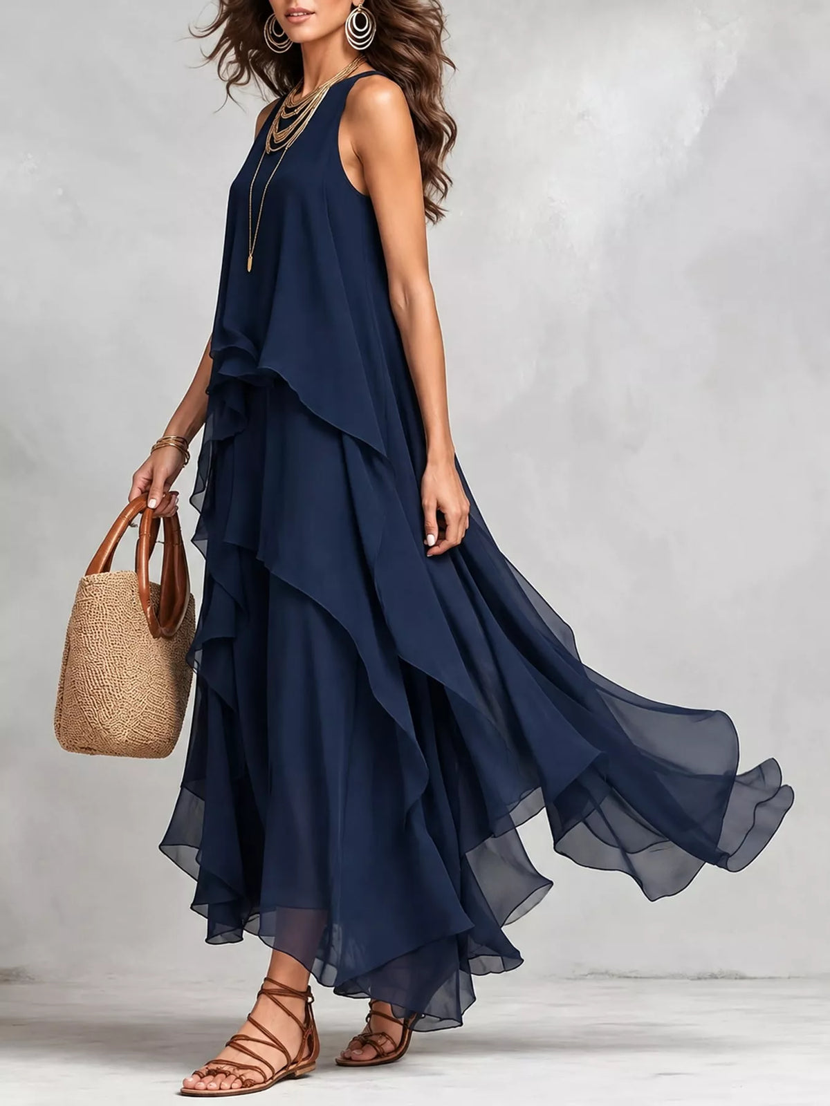 Ruffled Round-Neck Sleeveless Maxi Dress