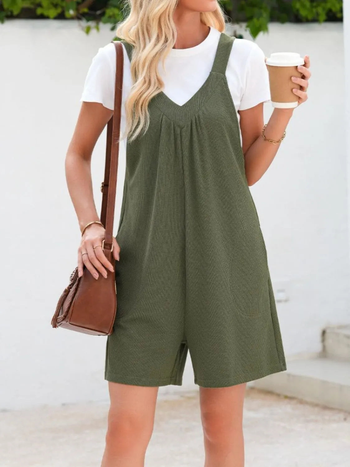 V-Neck Wide Strap Romper with Pockets