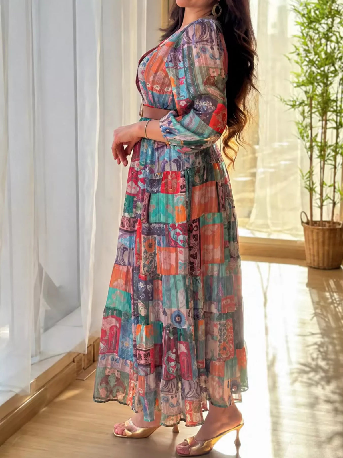 Printed Surplice Long Sleeve Maxi Dress in Multicolor