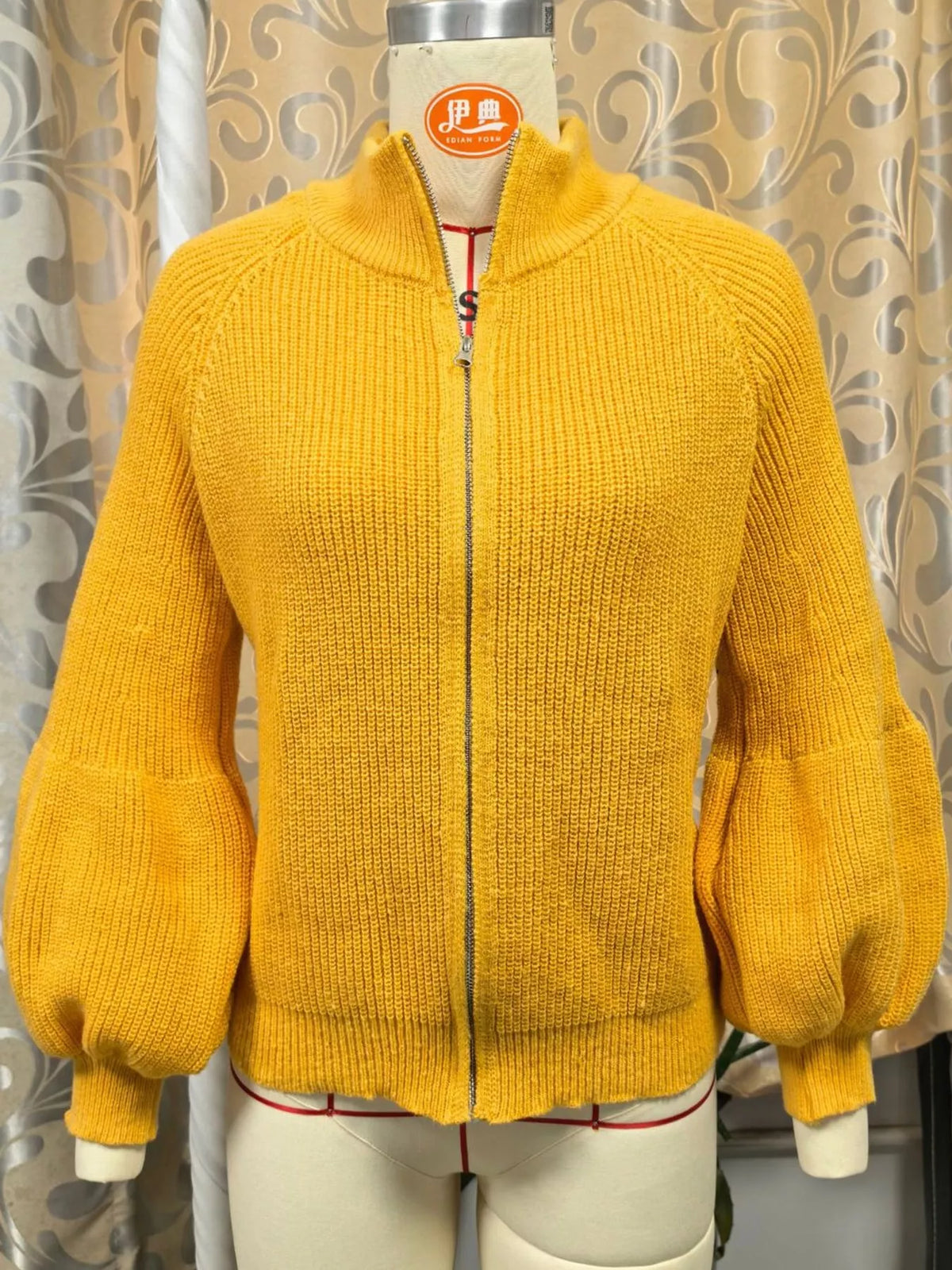 Ribbed Knit Zip-Up Cardigan with Lantern Sleeves