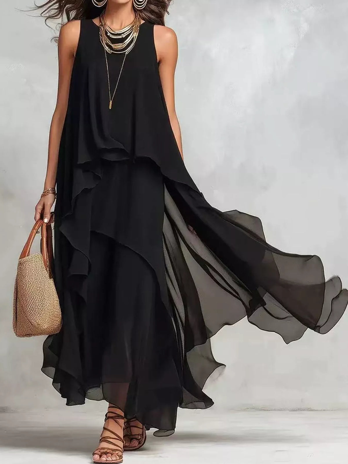 Ruffled Round-Neck Sleeveless Maxi Dress