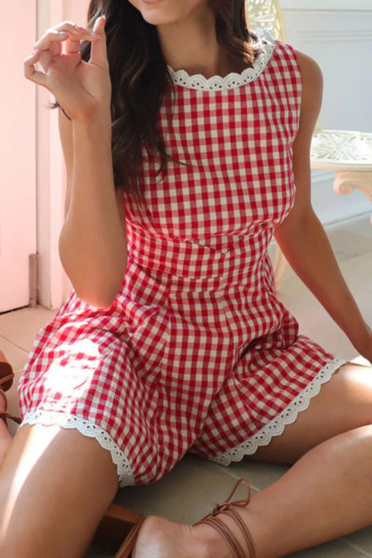Lace-Detail Plaid Sleeveless Romper