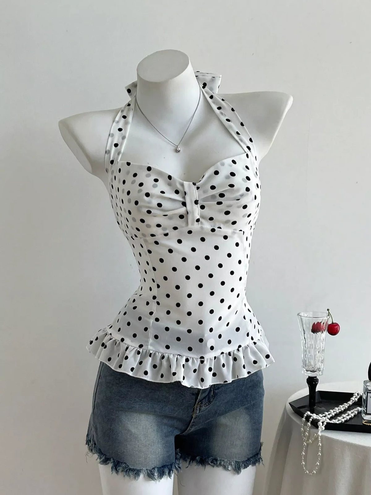 Polka Dot Halter Neck Cami in Black