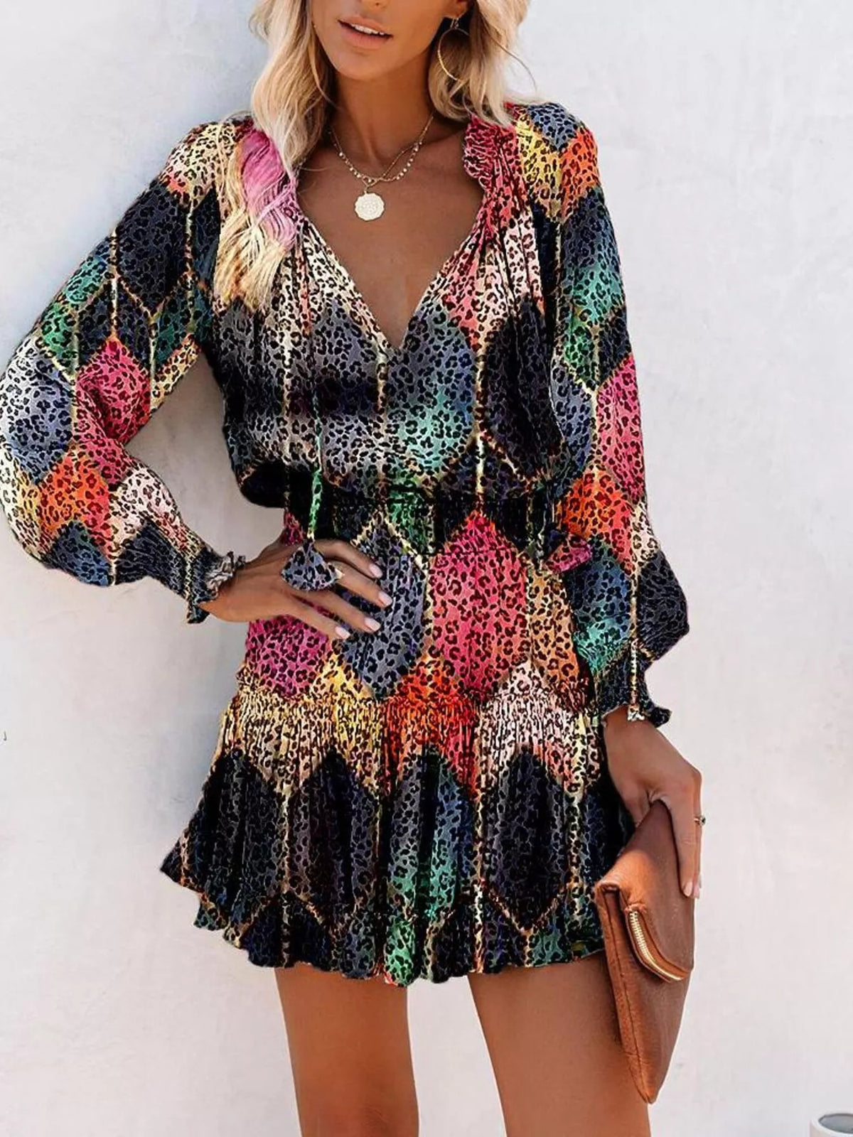 Tie-Neck Lantern Sleeve Dress with Tiered Ruffles