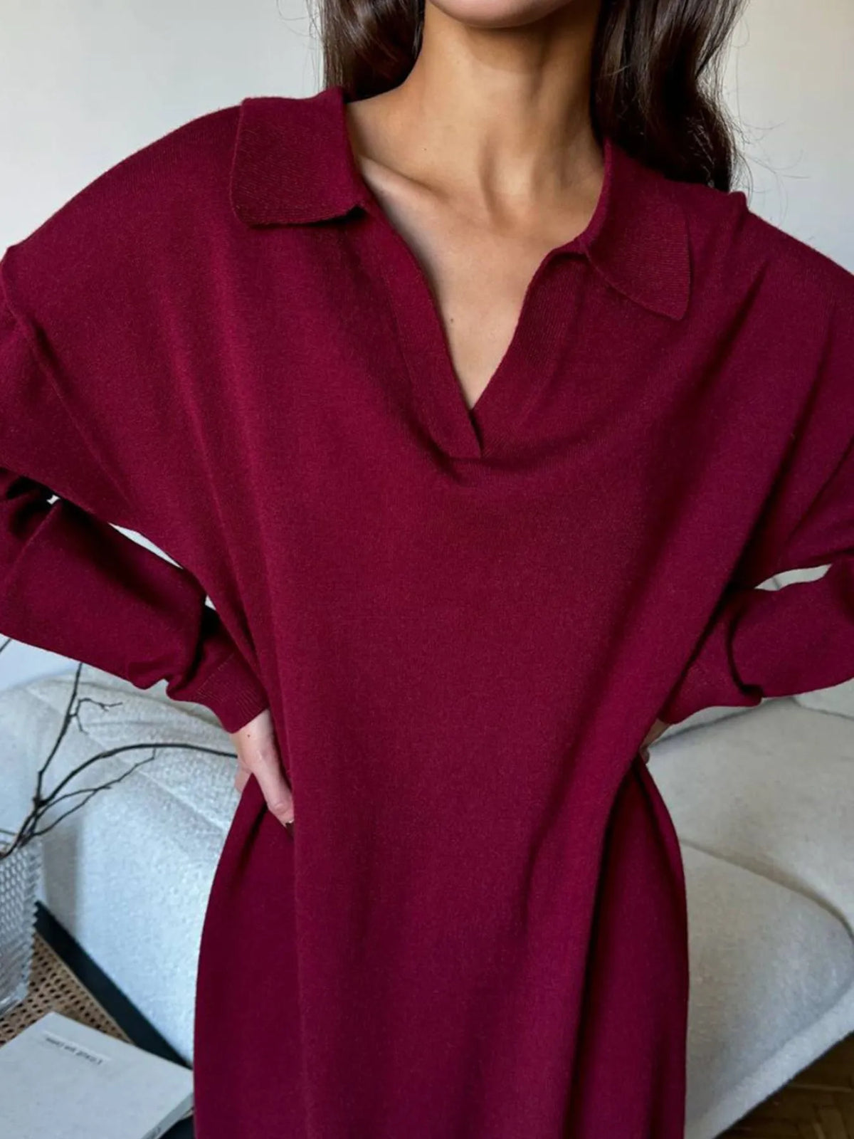 Collared Long Sleeve Knit Dress with Buttons