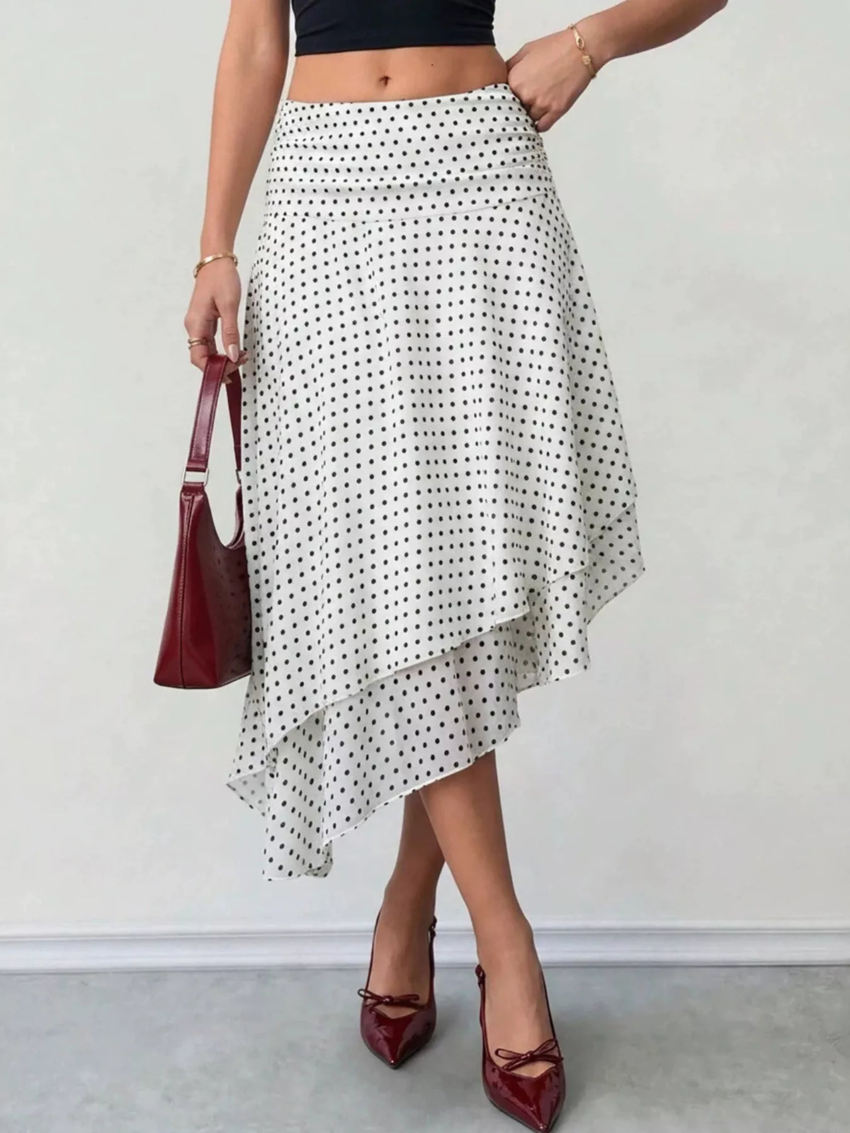 Polka Dot Asymmetrical Hem Midi Skirt in White