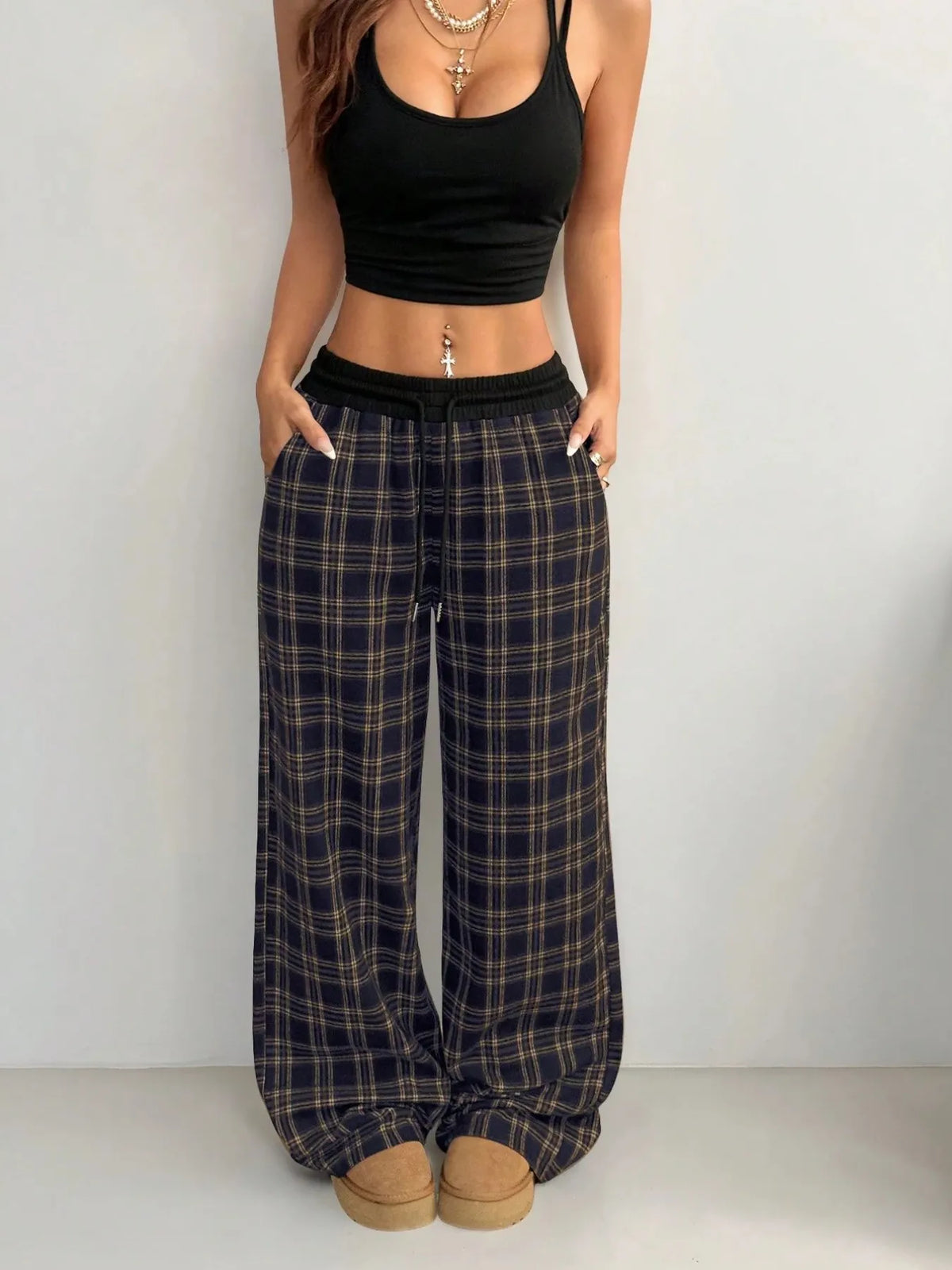 Plaid Wide-Leg Drawstring Pants in Scarlet